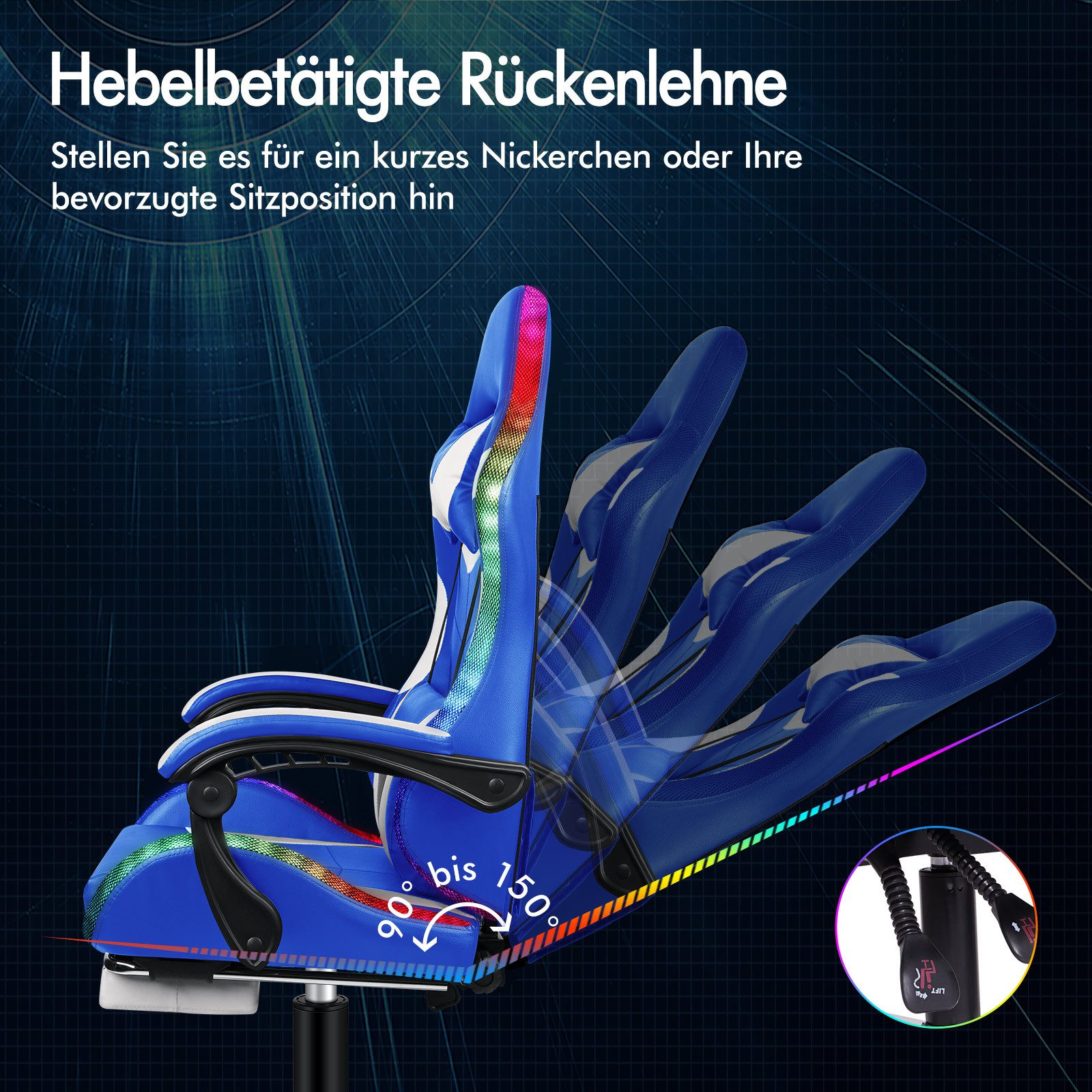 Blauer und weißer Gaming-Stuhl mit verstellbarer Rückenlehne. Er kann von 90 bis 150 Grad geneigt werden. Mit Hebefunktion.