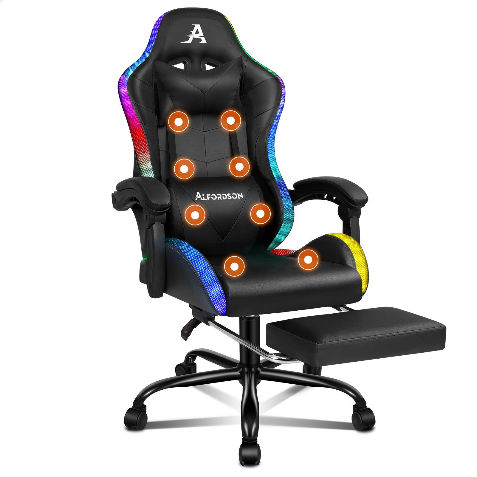 Schwarzer Gaming-Stuhl mit Fußstütze. Verfügt über LED-Leuchten und Massagepunkte. Die Marke ist Alfordson.