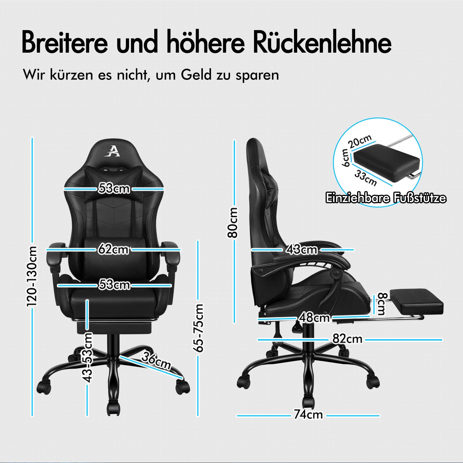 Gaming-Stuhl mit Maßangaben. Verfügt über eine Fußstütze, Text auf Deutsch. Der Stuhl ist schwarz mit Logo.