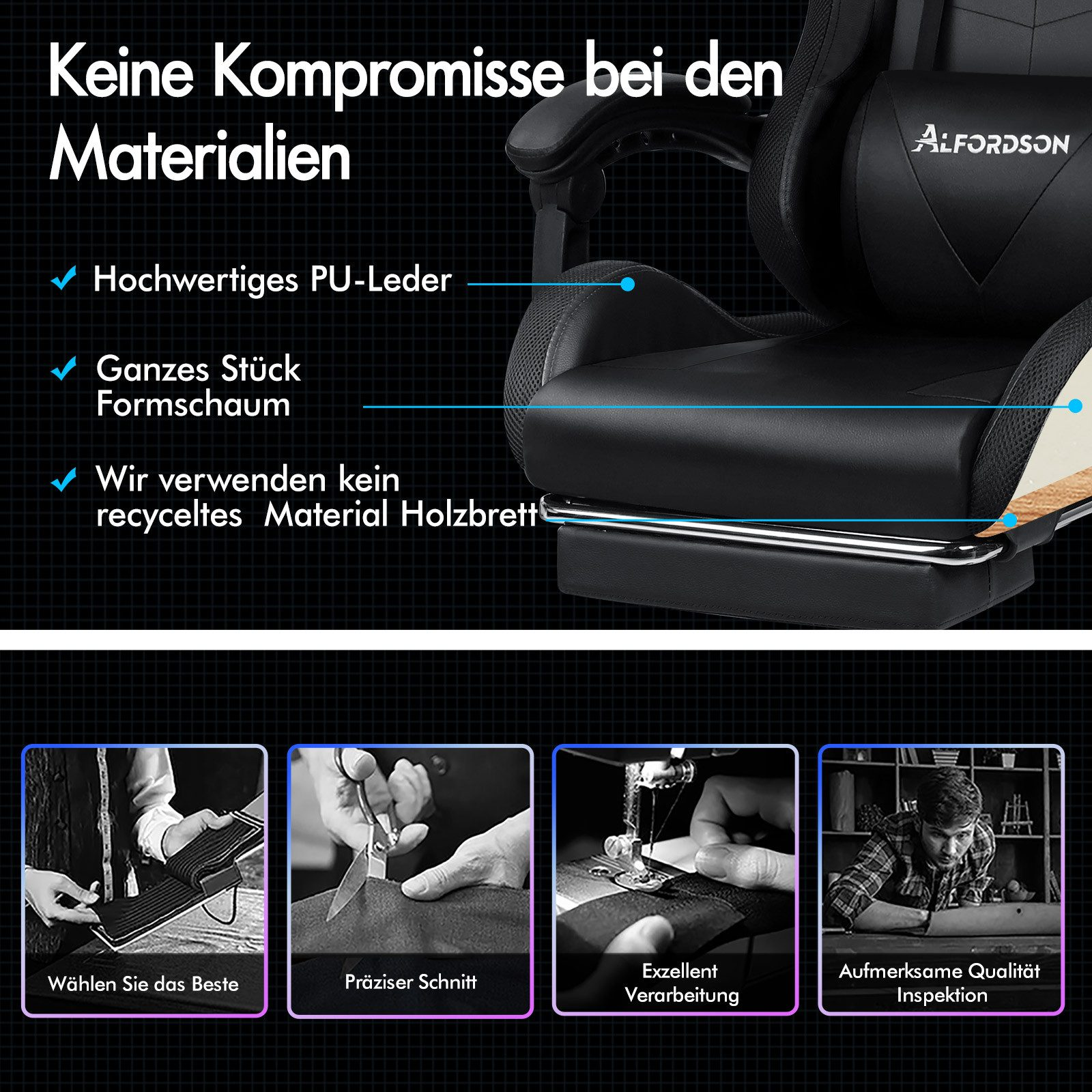 Schwarzer Gaming-Stuhl mit Text, einschließlich PU-Leder und Formschaum. Vier kleine Bilder zeigen die Qualität.