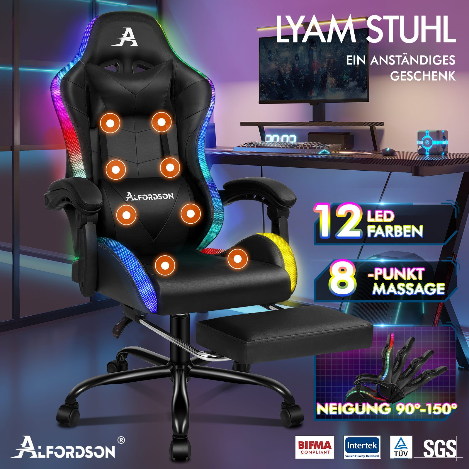 Schwarzer Gaming-Stuhl mit LED-Leuchten, Fußstütze und Massagefunktionen. Details umfassen Markenname und Produktspezifikationen.