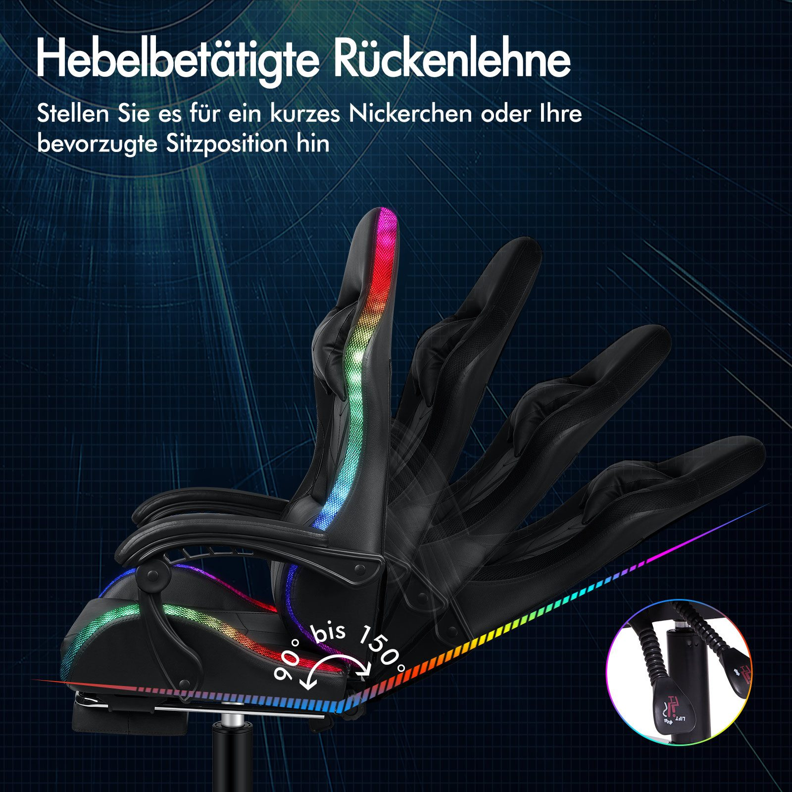 Schwarzer Gaming-Stuhl mit verstellbarer Rückenlehne, beleuchtet mit Regenbogenfarben. Zeigt Winkeleinstellung von 90 bis 150 Grad.