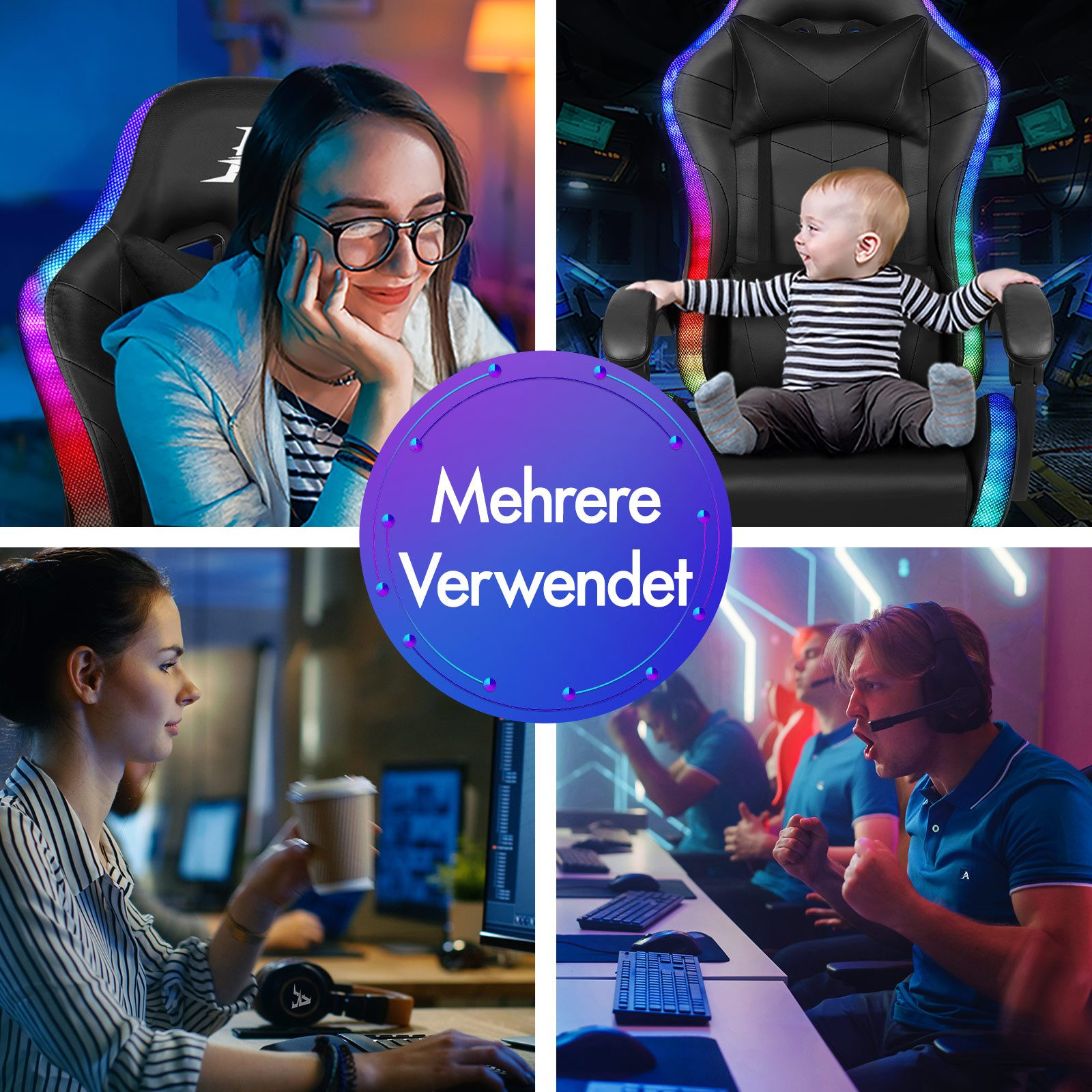 Vier Bilder in einem Raster: eine Frau in einem Gaming-Stuhl, ein Baby in einem Stuhl, eine arbeitende Frau und Gamer mit Headsets.
