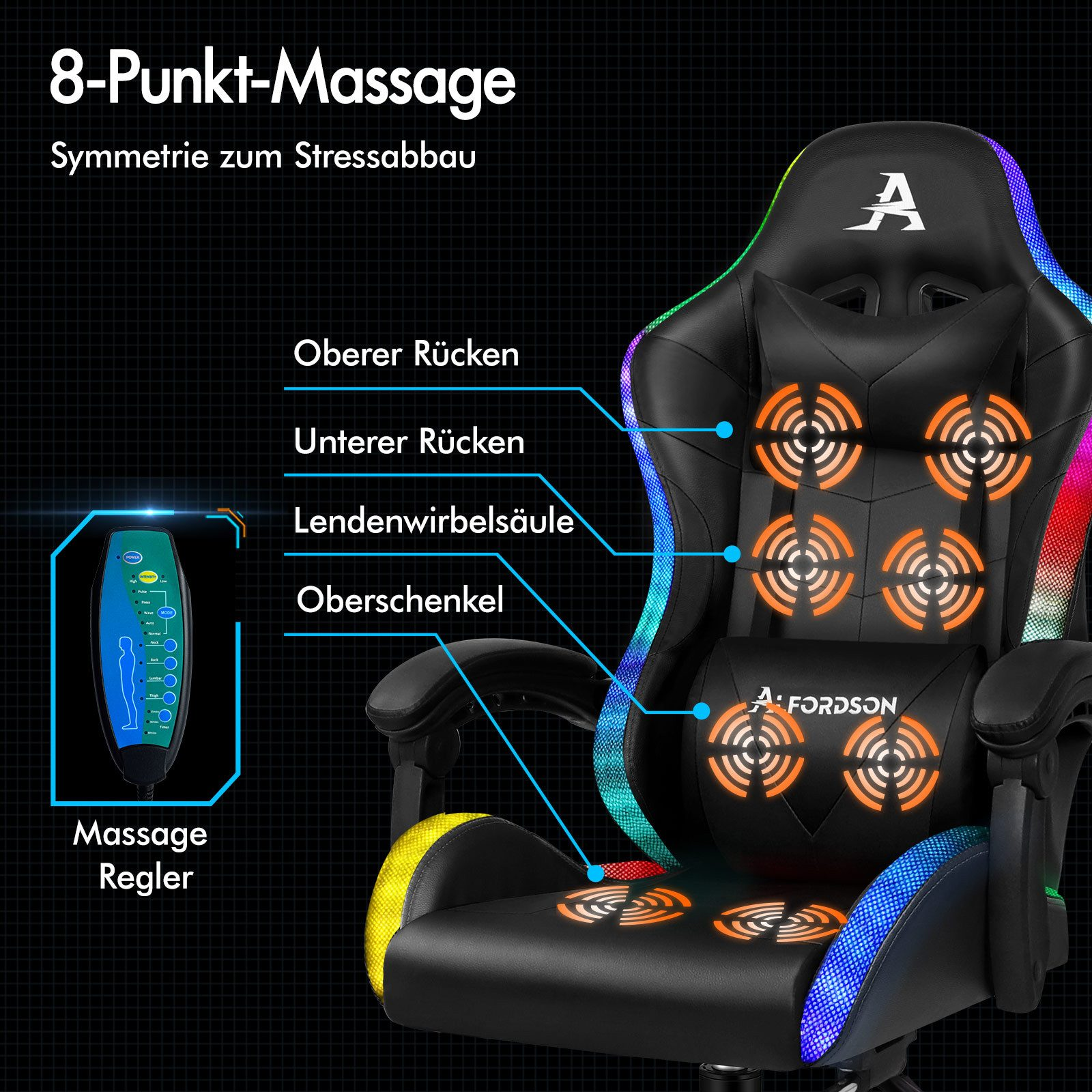 Ein schwarzer Massagestuhl mit orangefarbenen Massagepunkten und einem Bedienfeld, mit deutschen Textbeschriftungen.