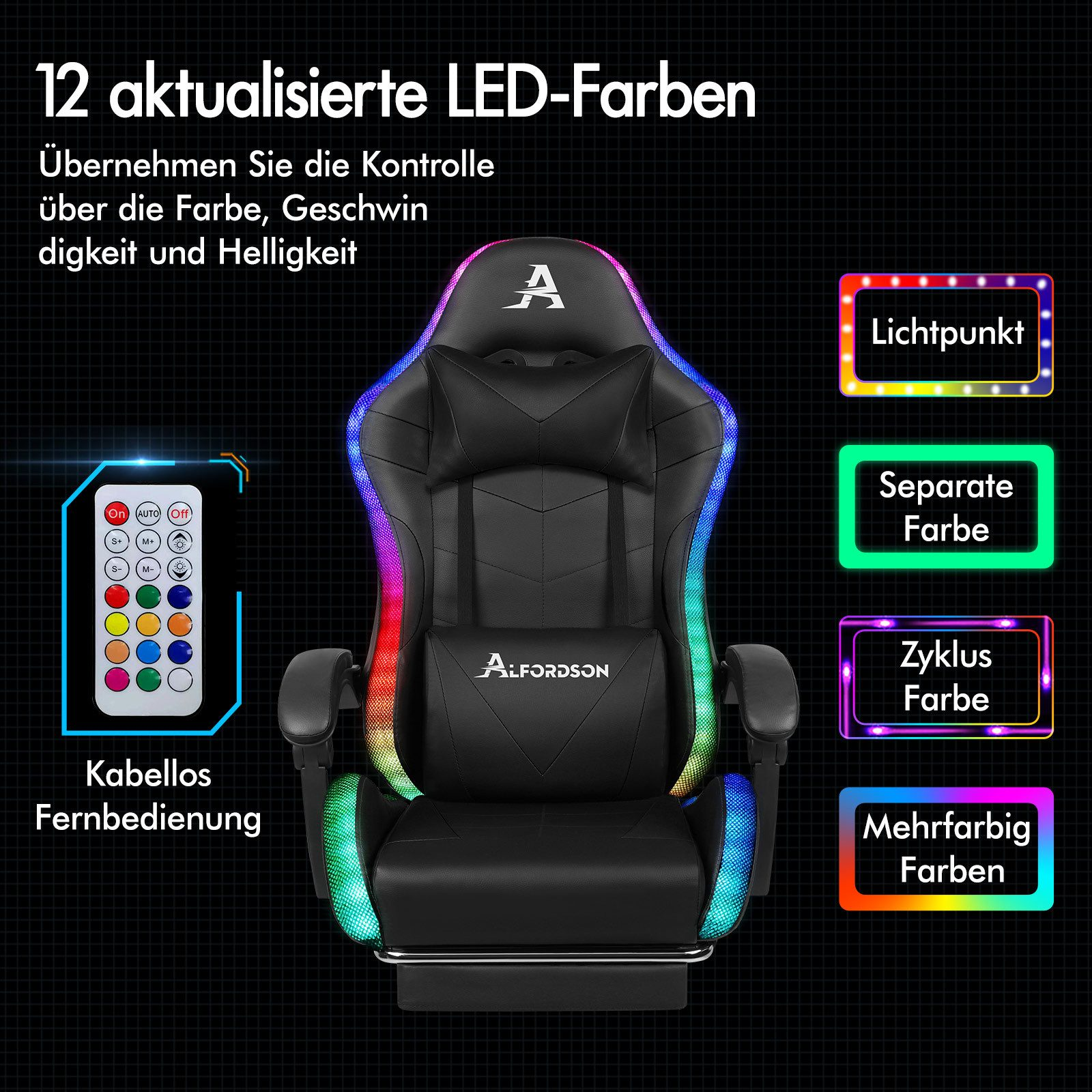 Schwarzer Gaming-Stuhl mit LED-Leuchten. Fernbedienung und Farboptionen sind abgebildet. Der Hintergrund ist schwarz.