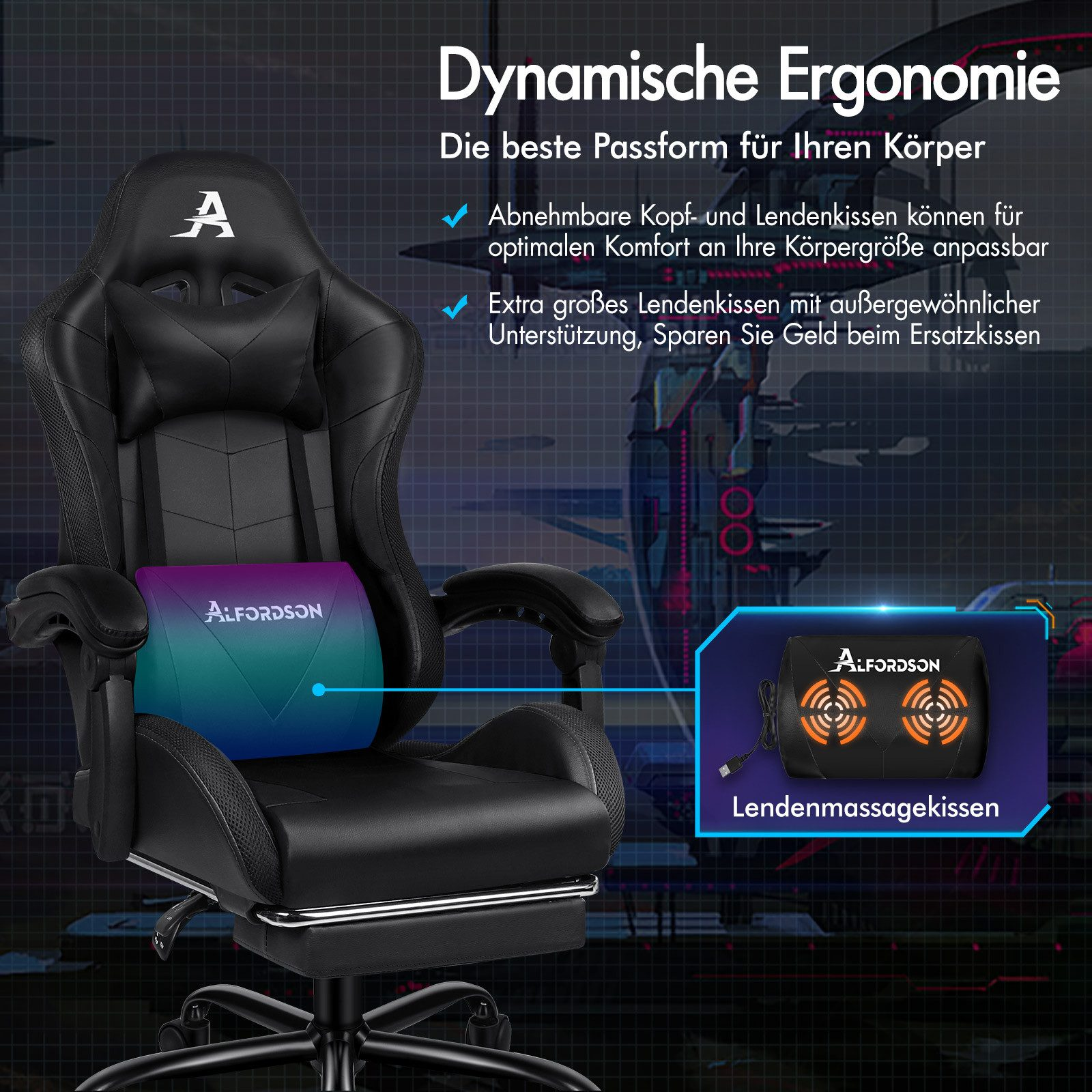 Schwarzer ergonomischer Stuhl mit Kopf- und Lendenwirbelstütze, mit farbigem Lendenkissen. Ein Massagekissen ist abgebildet.