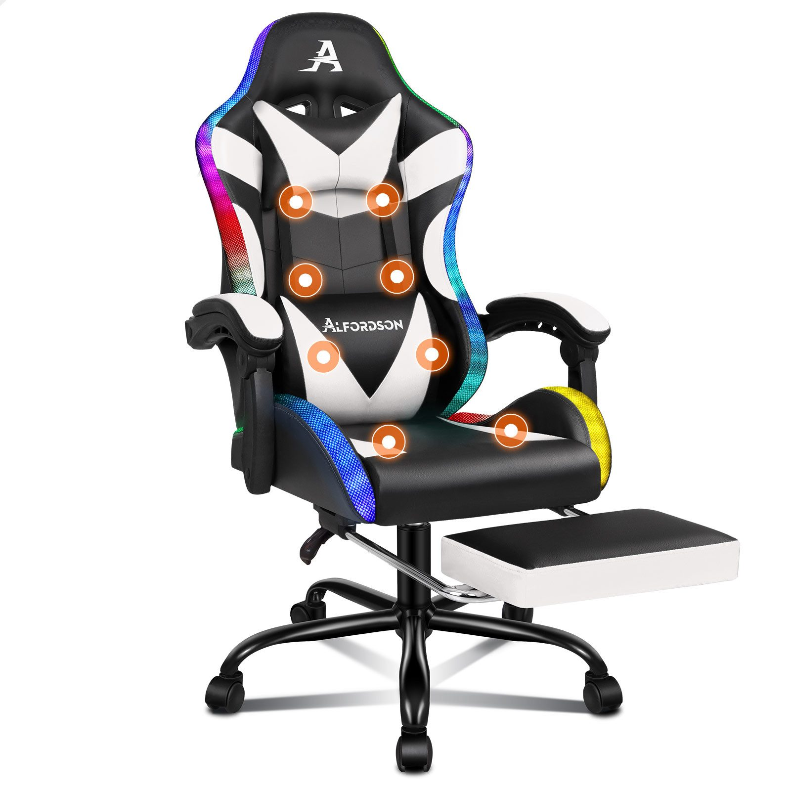 Gaming-Stuhl mit schwarz-weißem Design, LED-Leuchten, Fußstütze und dem Logo "A".