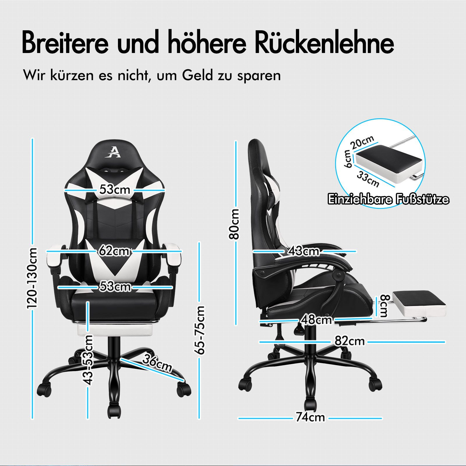 Ein Gaming-Stuhl mit angezeigten Abmessungen. Er hat eine Fußstütze. Maße sind in cm.