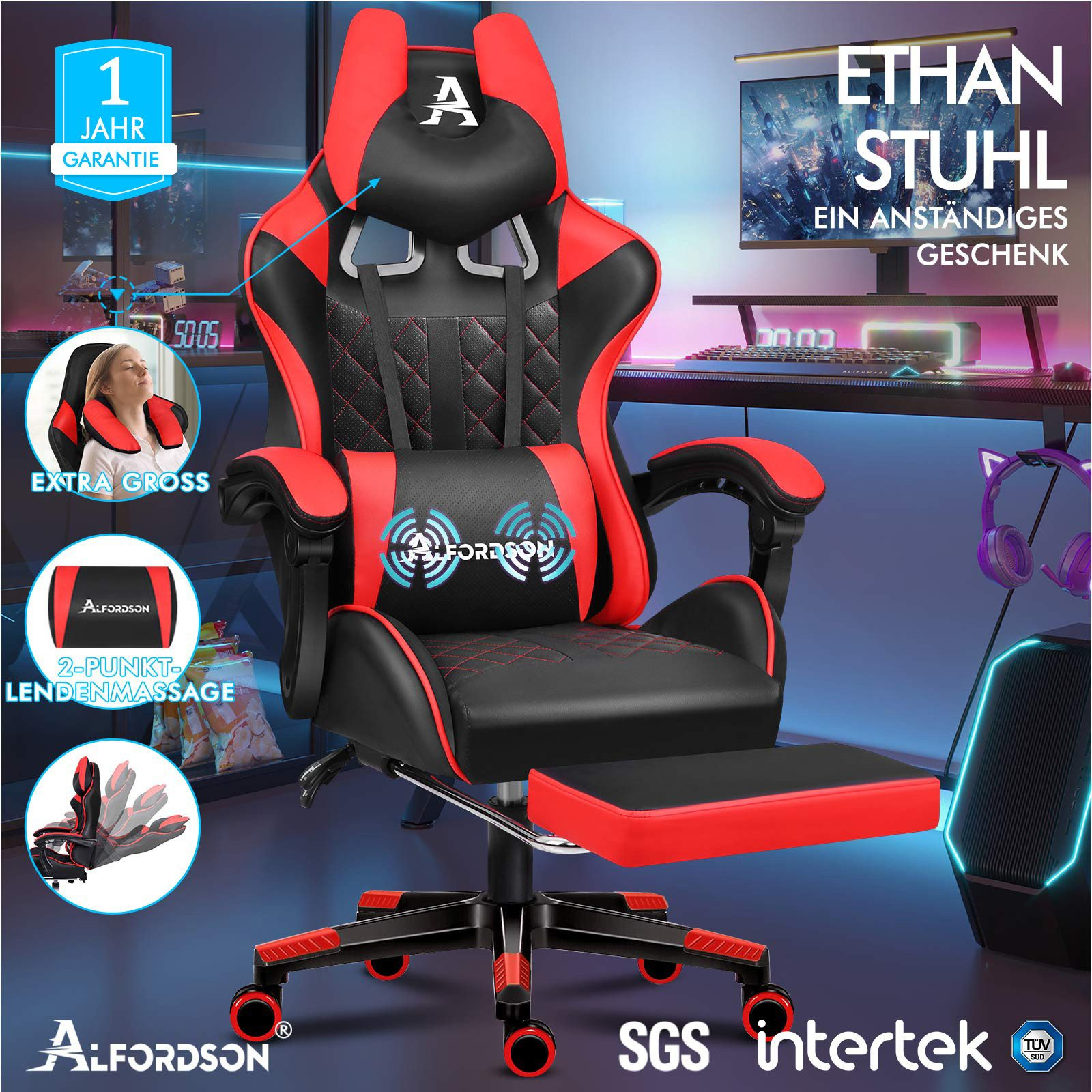 Ein roter und schwarzer Gaming-Stuhl mit Fußstütze, mit dem Text "ETHAN STUHL" und "ALFORDSON".