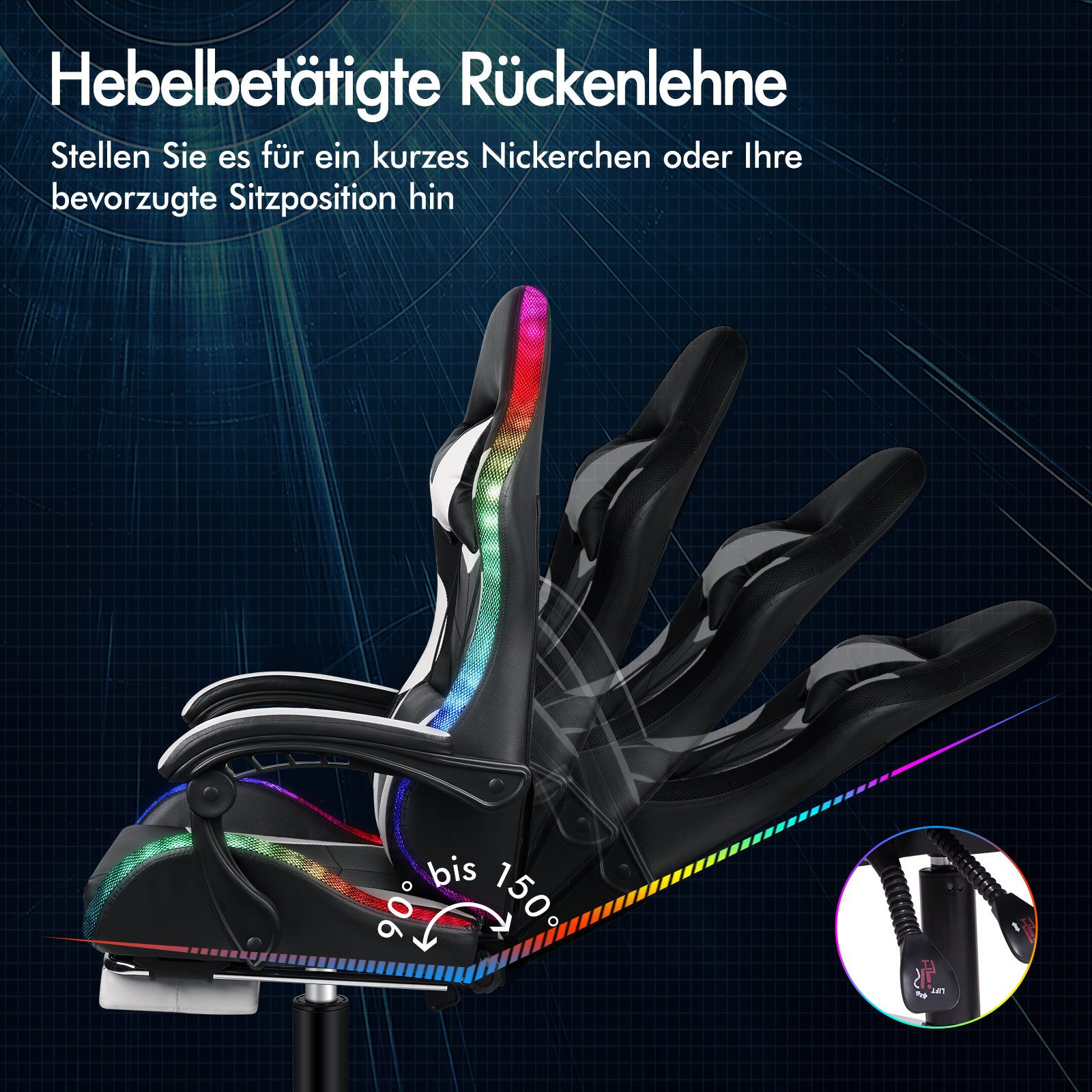 Gaming-Stuhl mit verstellbarer Rückenlehne. Die Rückenlehne kann von 90 bis 150 Grad eingestellt werden. Er hat bunte Lichter.
