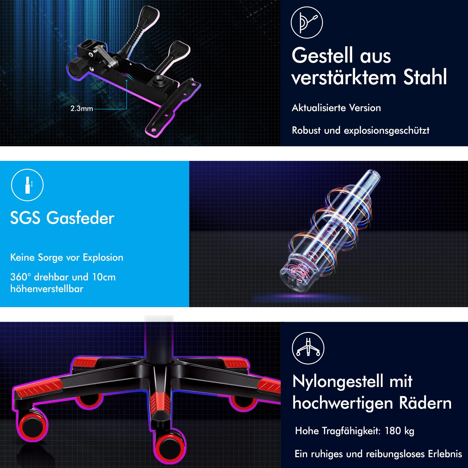 Das Bild zeigt Stuhlteile mit Etiketten wie 'SGS Gasfeder' und 'Nylongestell'. Stuhlbasis, Räder und Metallteile sind sichtbar.