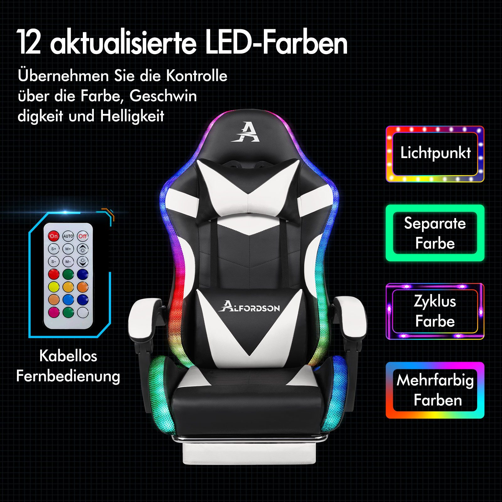 Gaming-Stuhl mit LED-Leuchten. Merkmale umfassen eine Fernbedienung und Farboptionen.
