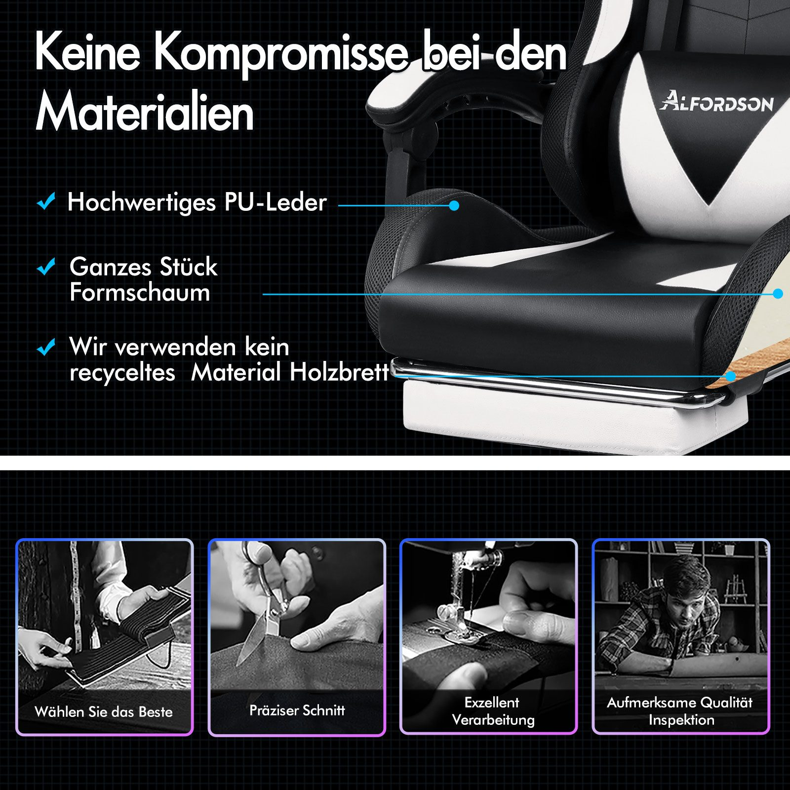 Schwarzer und weißer Bürostuhl mit Text. Merkmale sind PU-Leder, Formschaum und kein recyceltes Material.