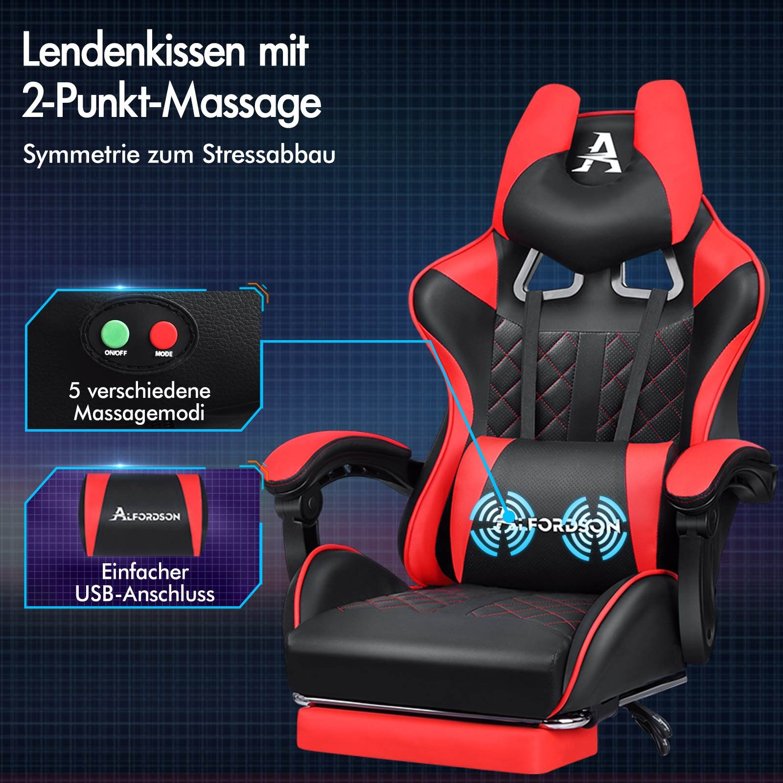 Ein rot-schwarzer Gaming-Stuhl mit Kopfstütze und Lendenwirbelstütze. Verfügt über Massagefunktionen und USB-Anschluss.