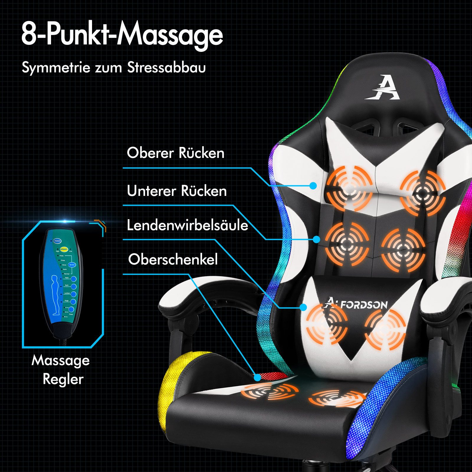 Gaming-Stuhl mit Massagepunkten. Zeigt Massagebereiche, Controller und Branding. Schwarzes, weißes und farbenfrohes Design.