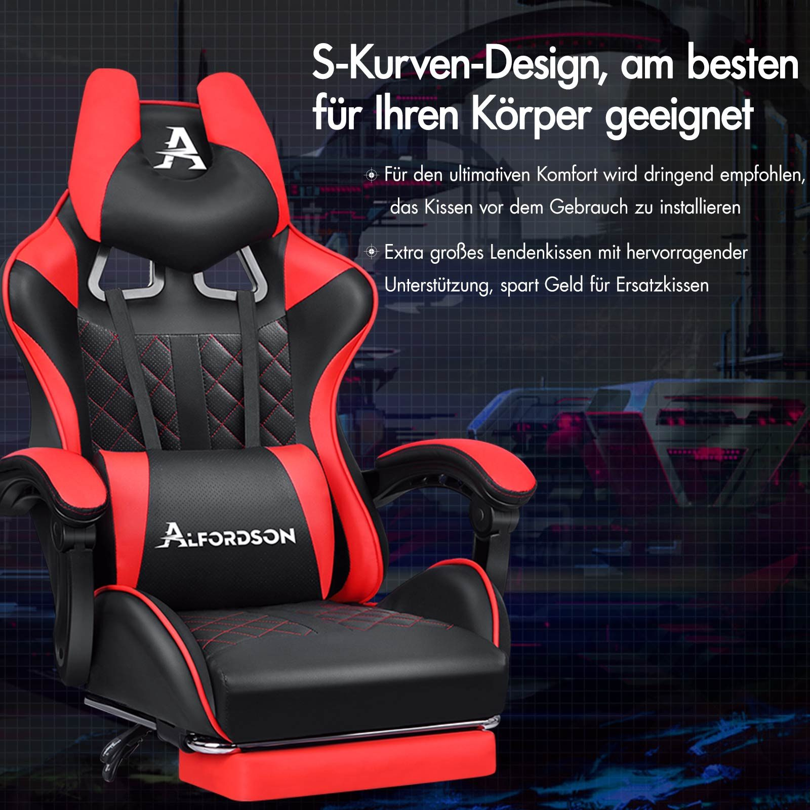 Gaming-Stuhl in Schwarz und Rot mit dem Markennamen Alfordson. Er hat ein Lendenkissen und steht auf schwarzem Hintergrund.
