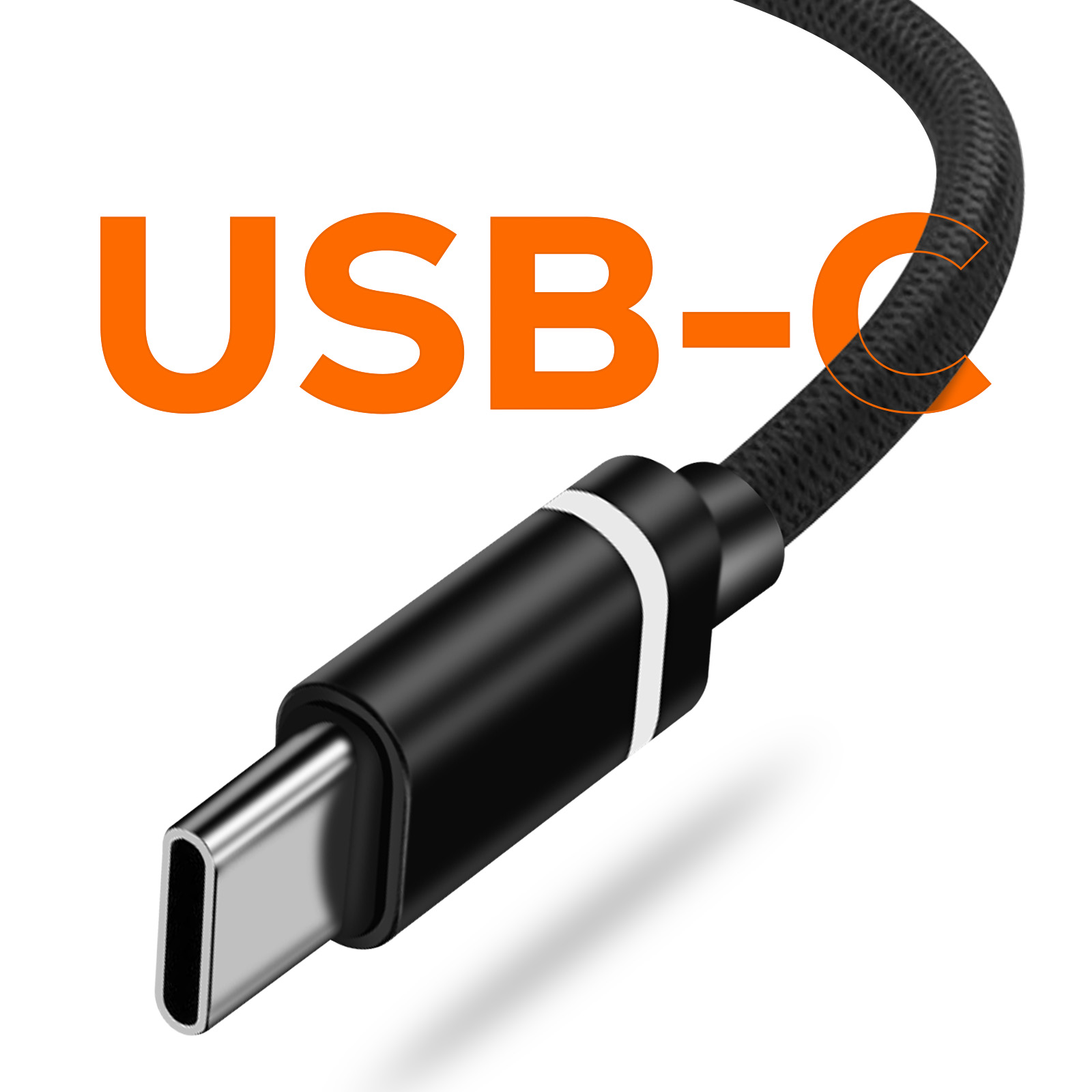 Un primo piano di un cavo USB-C. Il cavo è nero con un connettore argentato. Il testo USB-C è arancione.