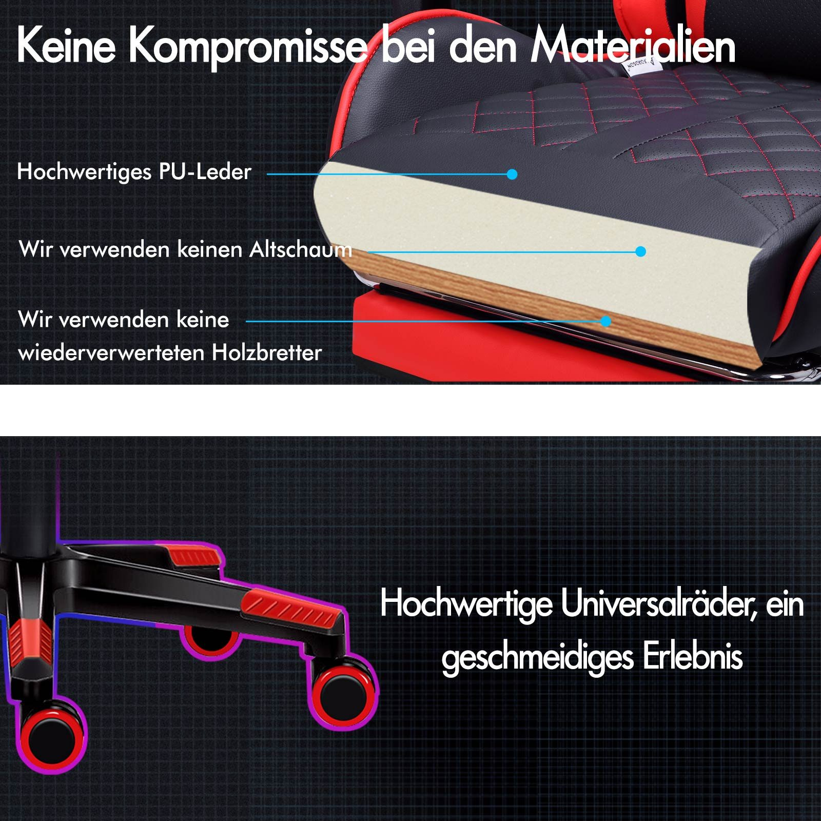 Detail Gaming-Stuhl: PU-Leder, Schaumstoff, Holz und rote Akzente. Räder sind schwarz und rot.