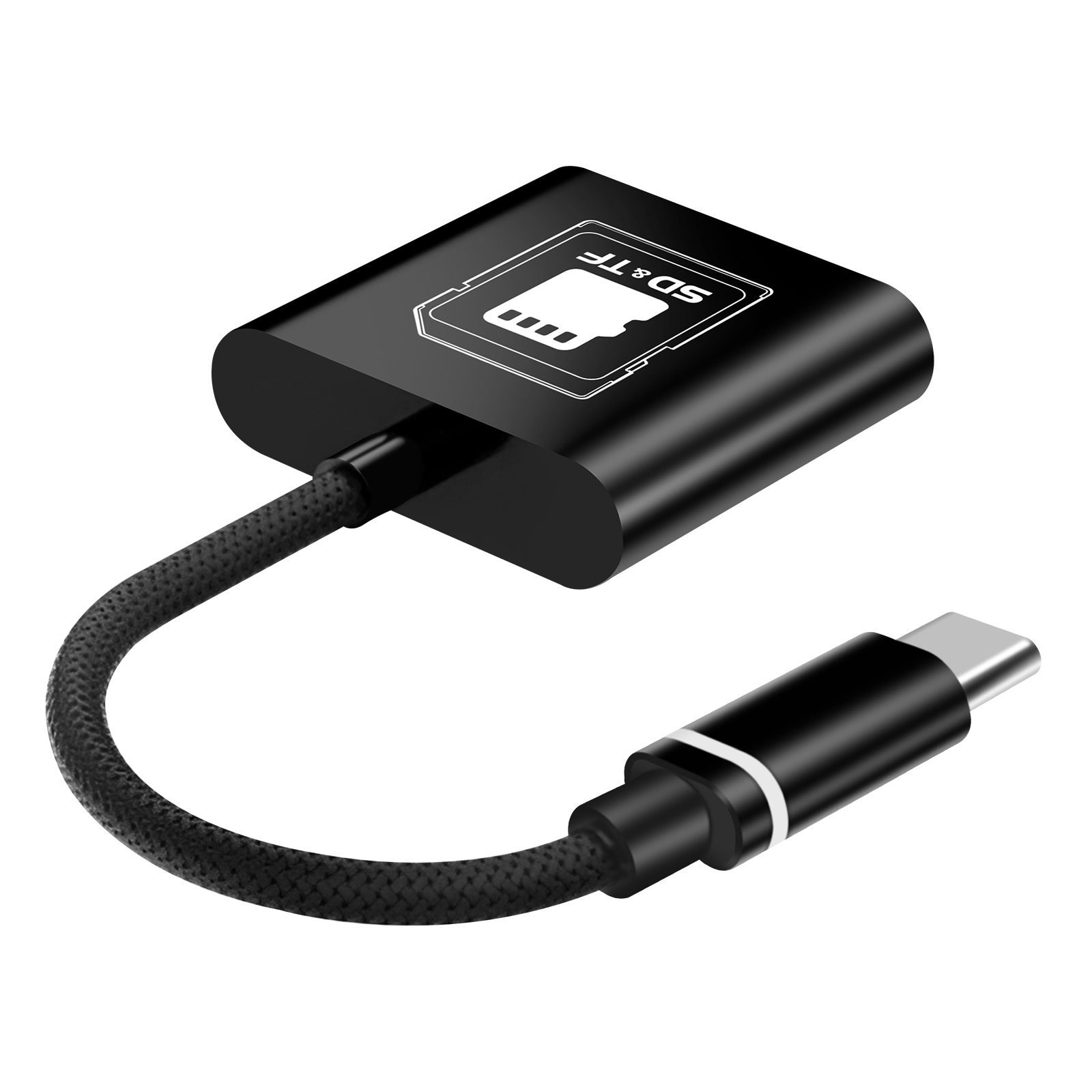 Lettore di schede SD/TF nero con connettore USB-C. Cavo intrecciato li collega. Sfondo bianco.