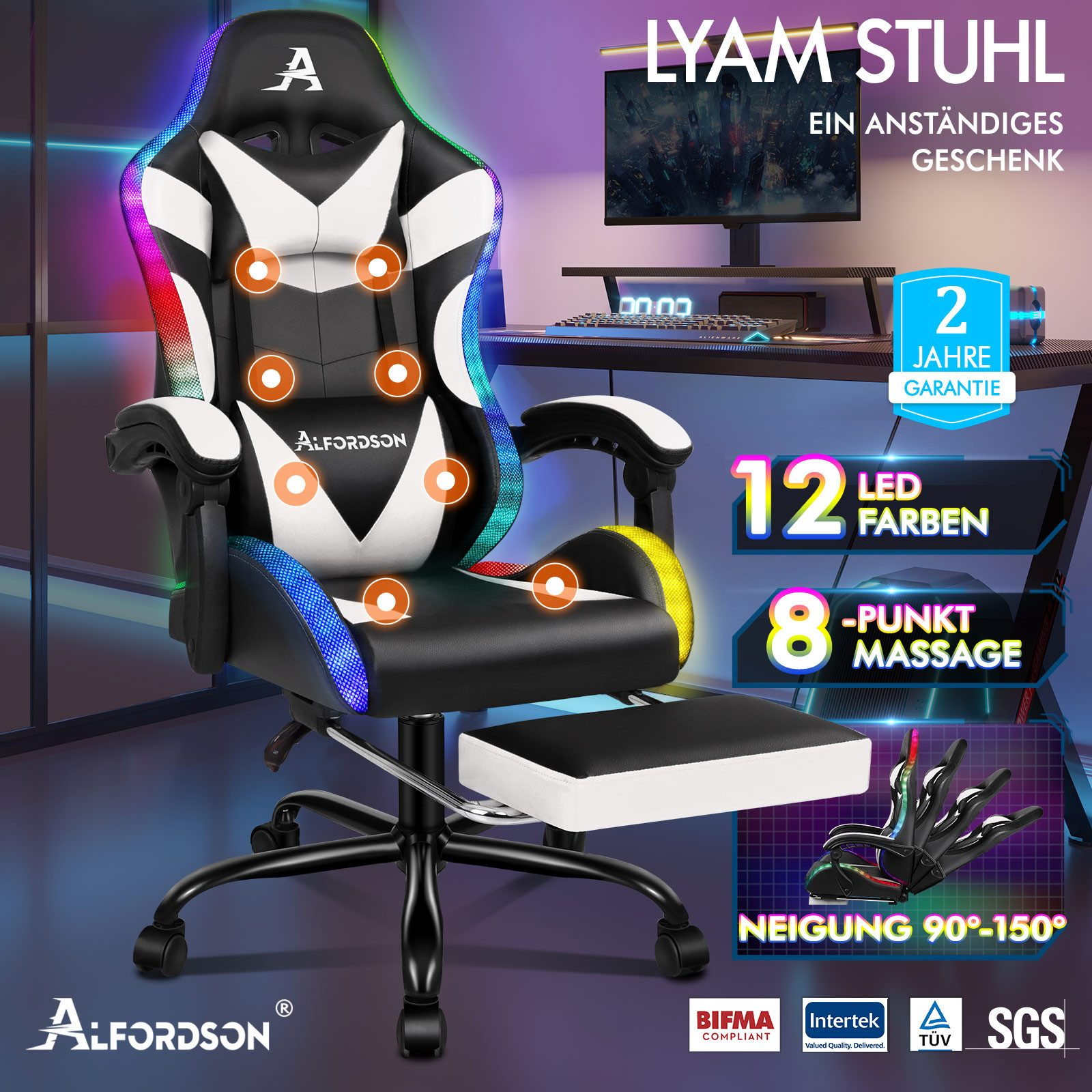 Gaming-Stuhl mit Fußstütze. Mit LED-Leuchten, Massage und verstellbarer Rückenlehne. Schwarz, Weiß und farbige Akzente.