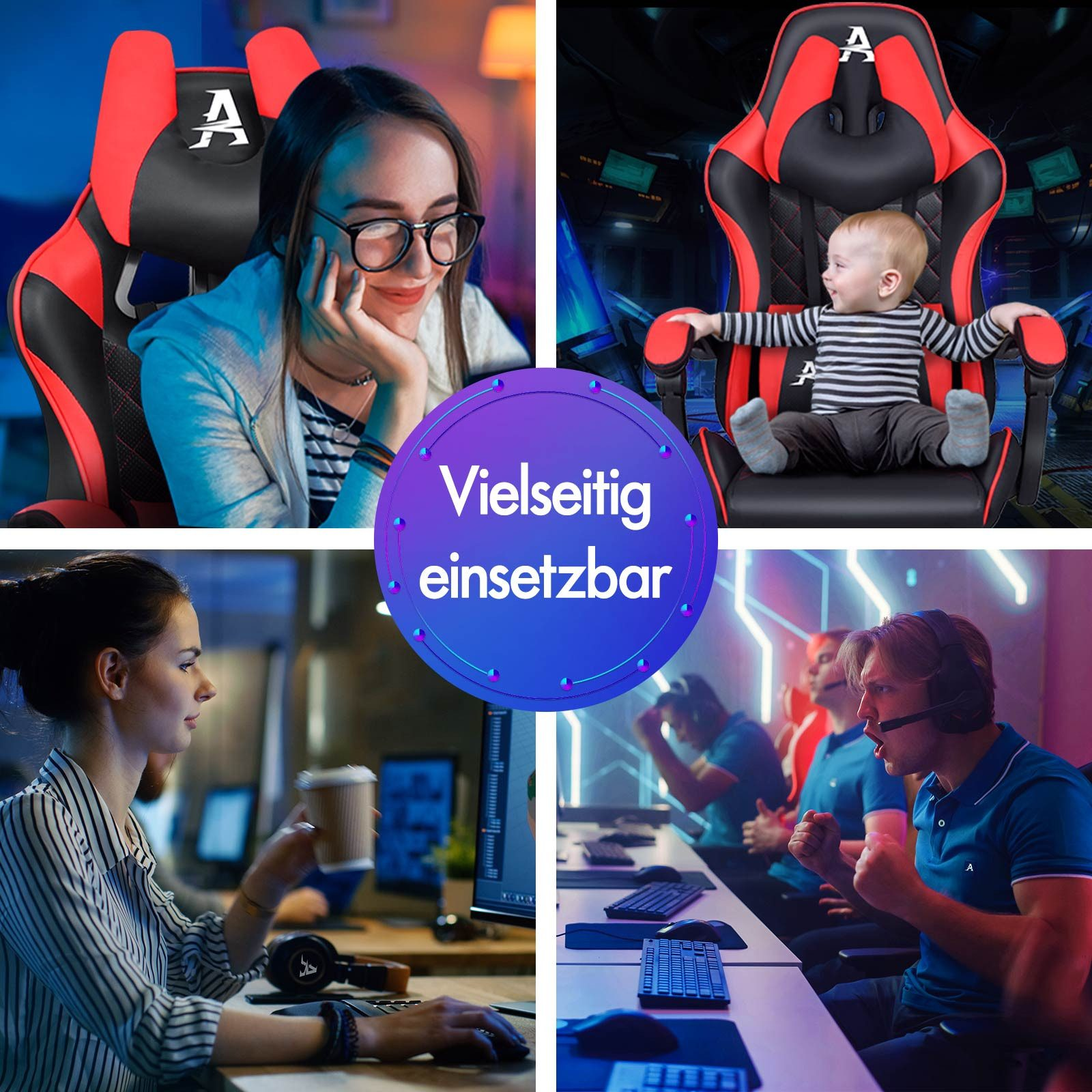 Das Bild zeigt die vielfältige Nutzung eines Gaming-Stuhls: eine Frau, ein Baby, eine arbeitende Frau und Gamer.