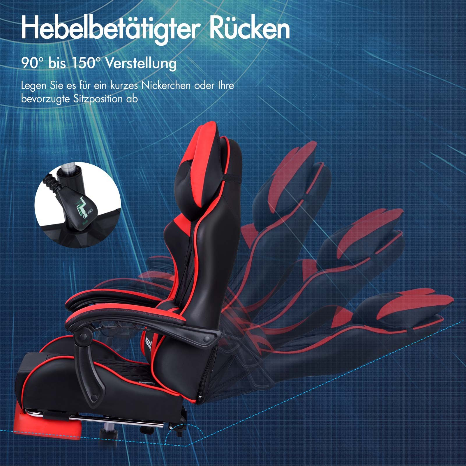 Ein Gaming-Stuhl mit schwarzen und roten Akzenten. Er zeigt die verstellbare Rückenlehne und einen Hebel.