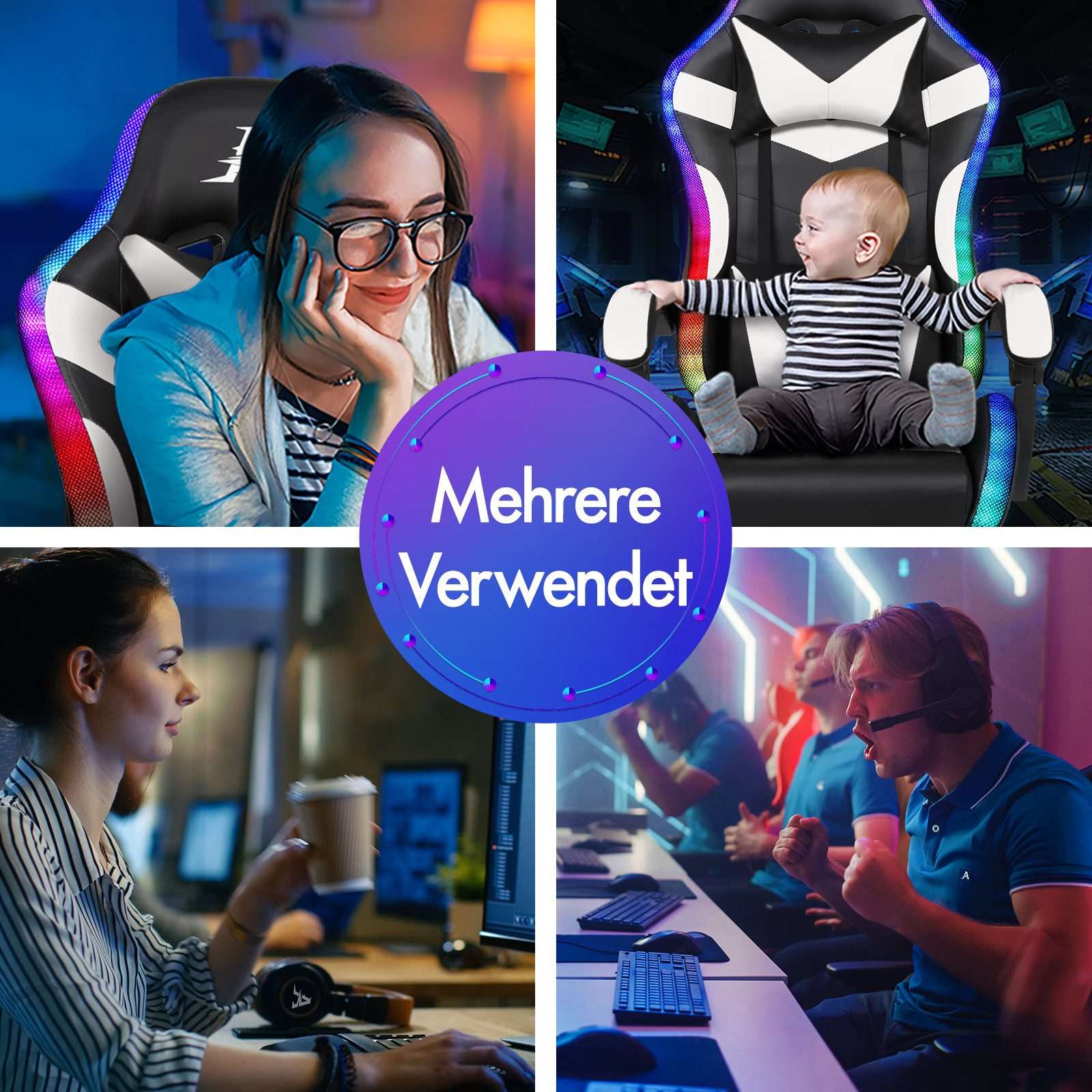 Bildmontage: Personen, die Gaming-Stühle benutzen. Enthält eine Frau mit Brille, ein Baby, eine arbeitende Frau und Gamer in einem Raum.