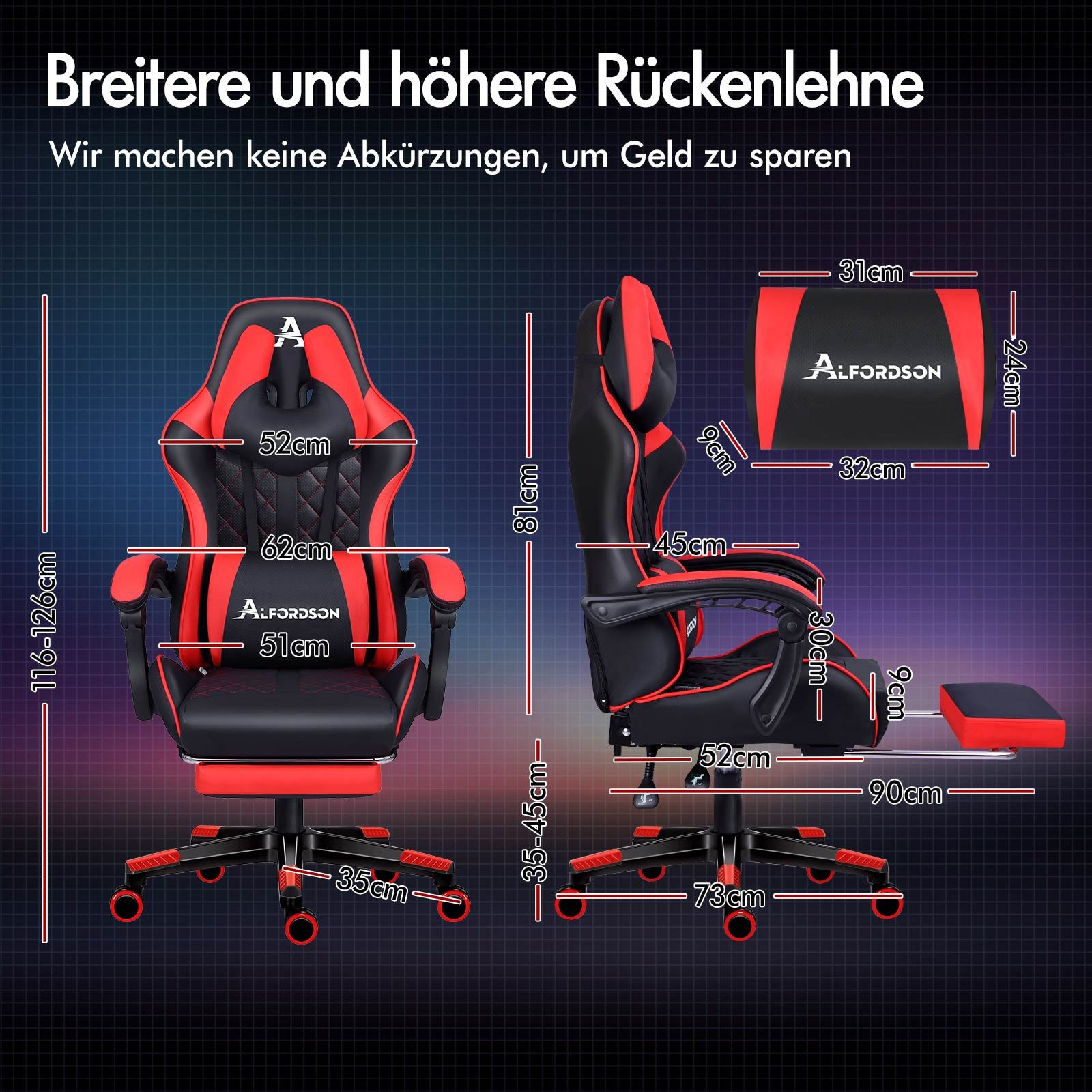 Ein schwarz-roter Gaming-Stuhl mit Maßangaben. Der Stuhl hat eine Kopfstütze und eine Fußstütze.