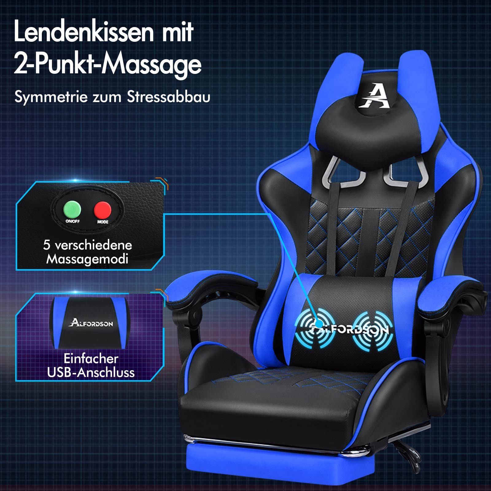 Ein blauer und schwarzer Gaming-Stuhl mit Lendenkissen. Er hat einen Ein-/Aus-Knopf, eine Modustaste und einen USB-Anschluss.
