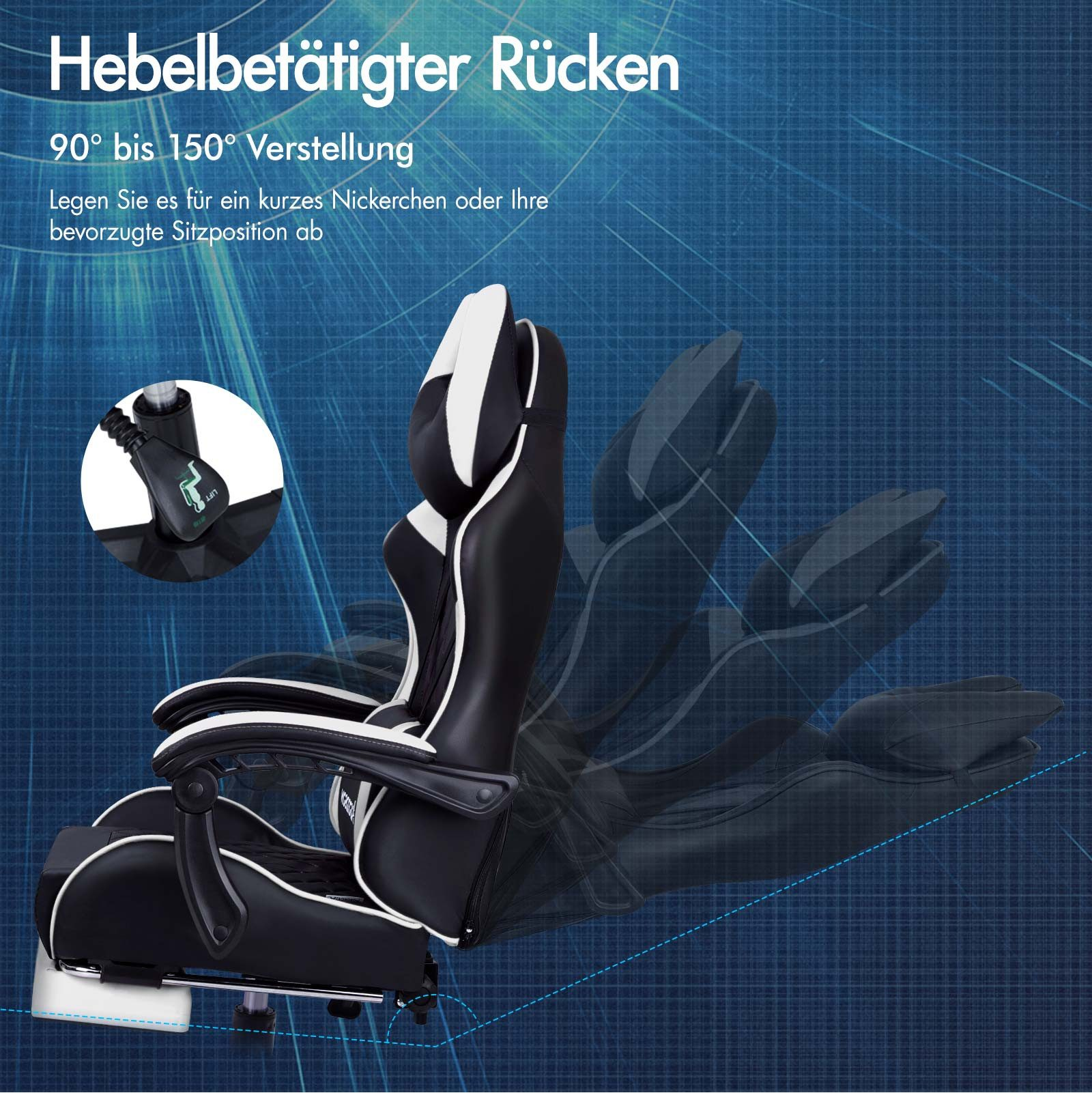 Ein schwarz-weißer Gaming-Stuhl mit verstellbarer Rückenlehne. Er hat einen Hebel und einen blauen Hintergrund.