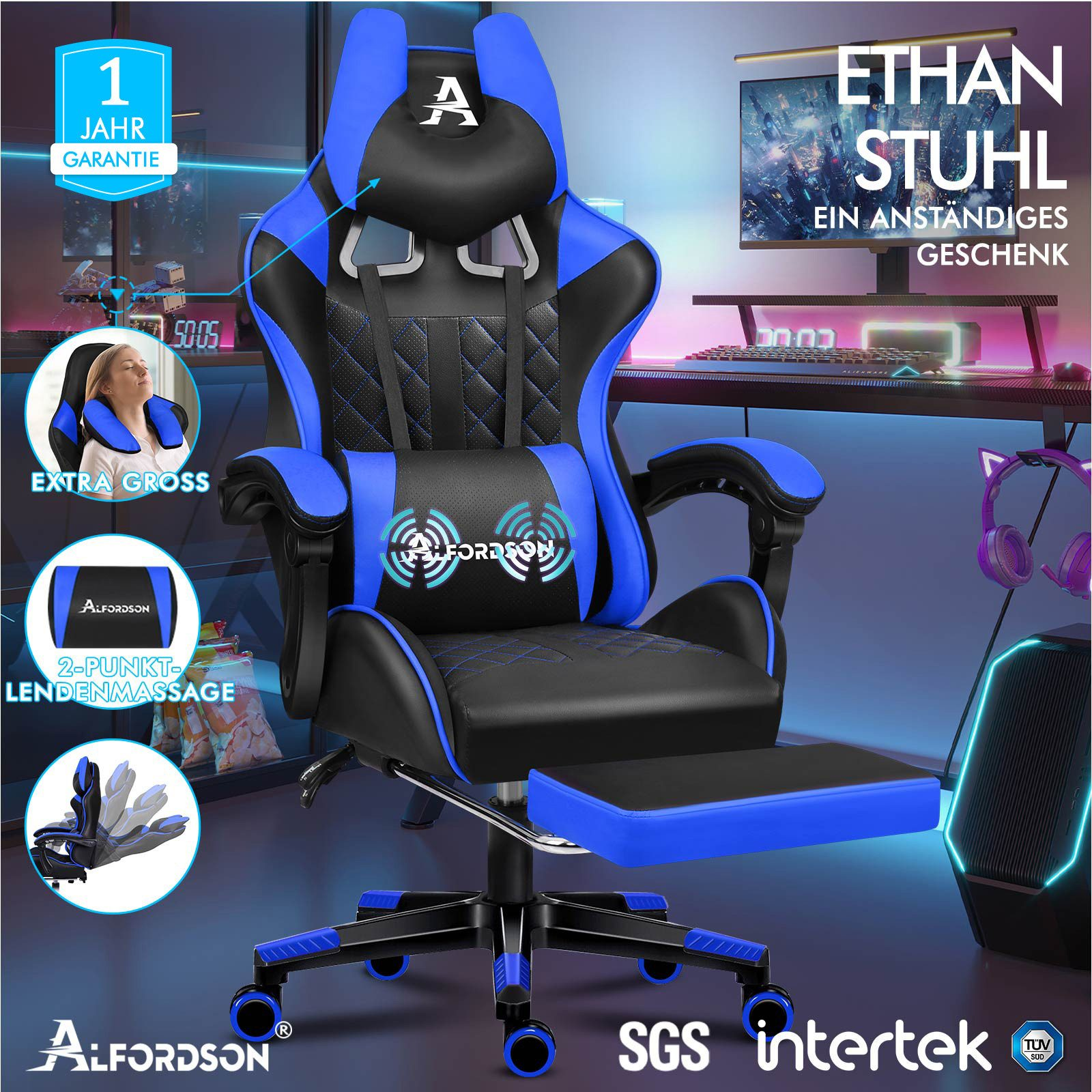 Ein blau-schwarzer Gaming-Stuhl mit Fußstütze, und der Text 'ETHAN STUHL' wird angezeigt.