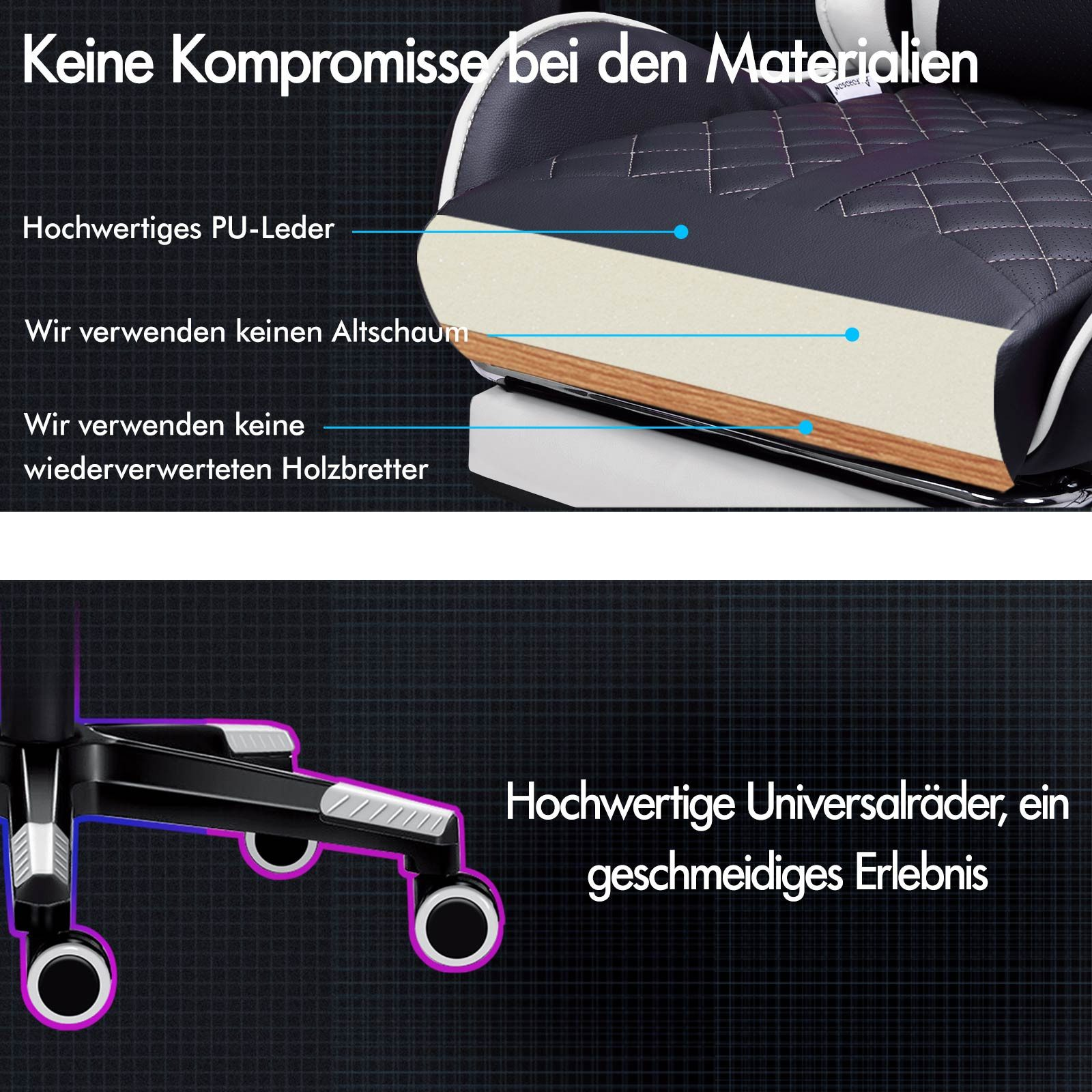 Nahaufnahme eines schwarz-weißen Stuhls mit Text über Materialien. Zeigt Leder, Schaumstoff und Holz. Auch Räder.
