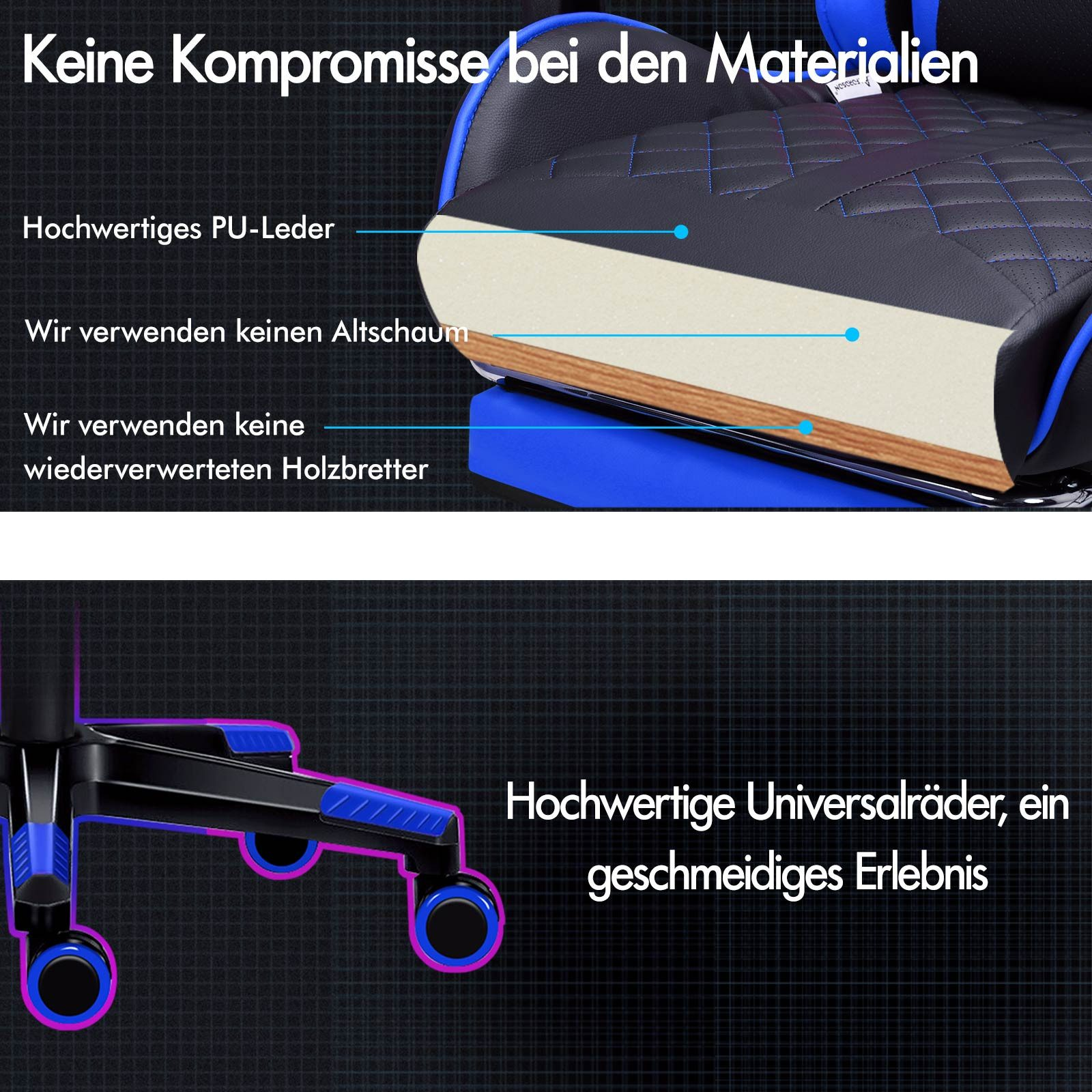 Detail des Gaming-Stuhls. Schwarzes Leder, blaue Akzente, Schaumstoff und Holzsockel. Universelle Rollen.