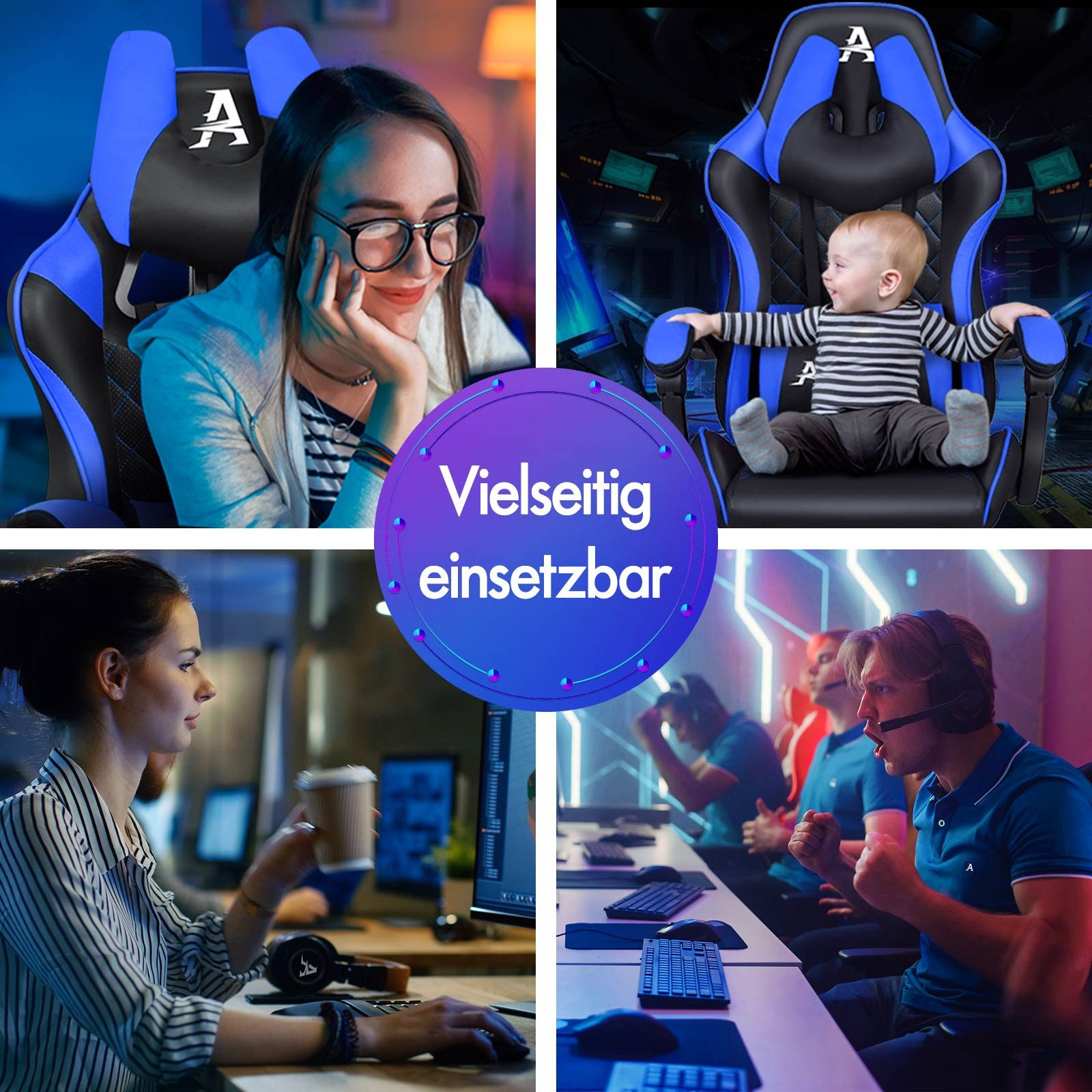 Das Bild zeigt Personen, die Gaming-Stühle benutzen. Szenen umfassen eine Frau, ein Baby, einen Büroangestellten und Gamer. Ein zentrales Logo ist sichtbar.