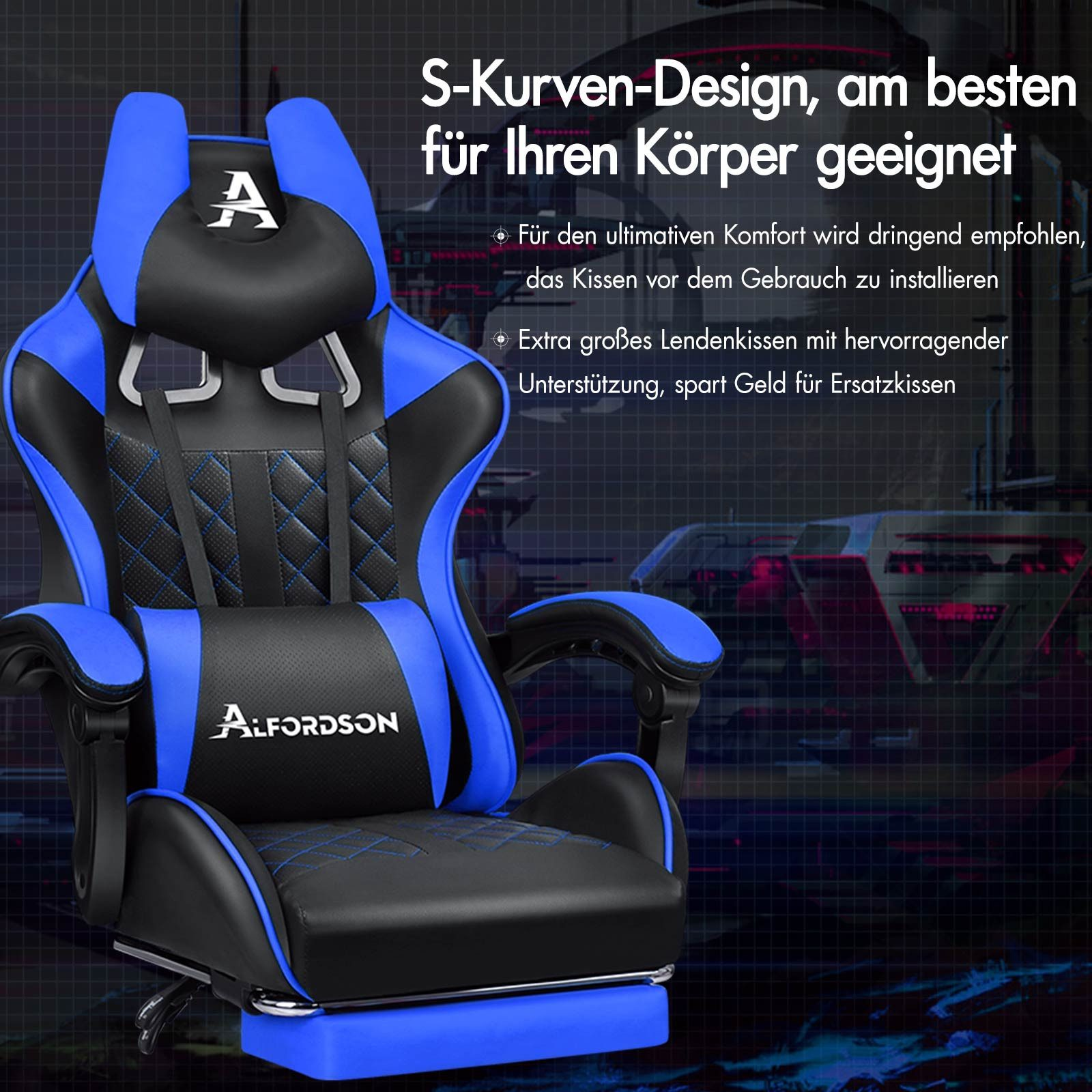 Ein blauer und schwarzer Gaming-Stuhl mit dem Text "Alfordson" und deutschem Text auf dunklem Hintergrund.