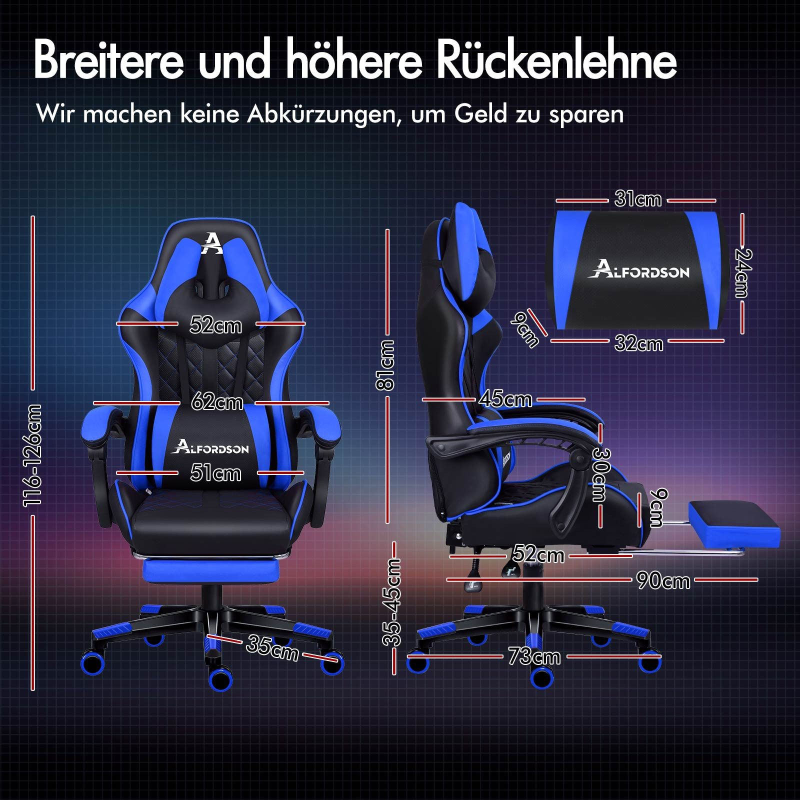 Ein blau-schwarzer Gaming-Stuhl mit Maßangaben, einschließlich Kopfstütze und Fußstütze, vor dunklem Hintergrund.