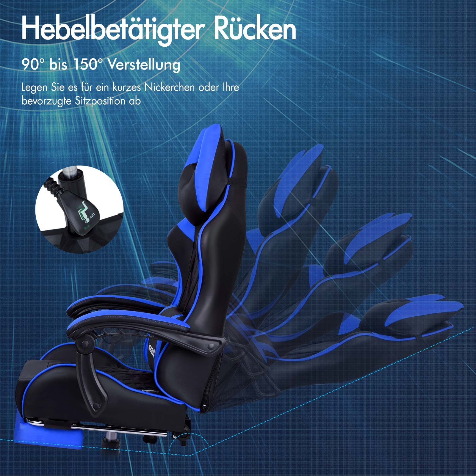 Schwarzer und blauer ergonomischer Stuhl mit verstellbarer Rückenlehne von 90 bis 150 Grad. Verfügt über einen Hebel.
