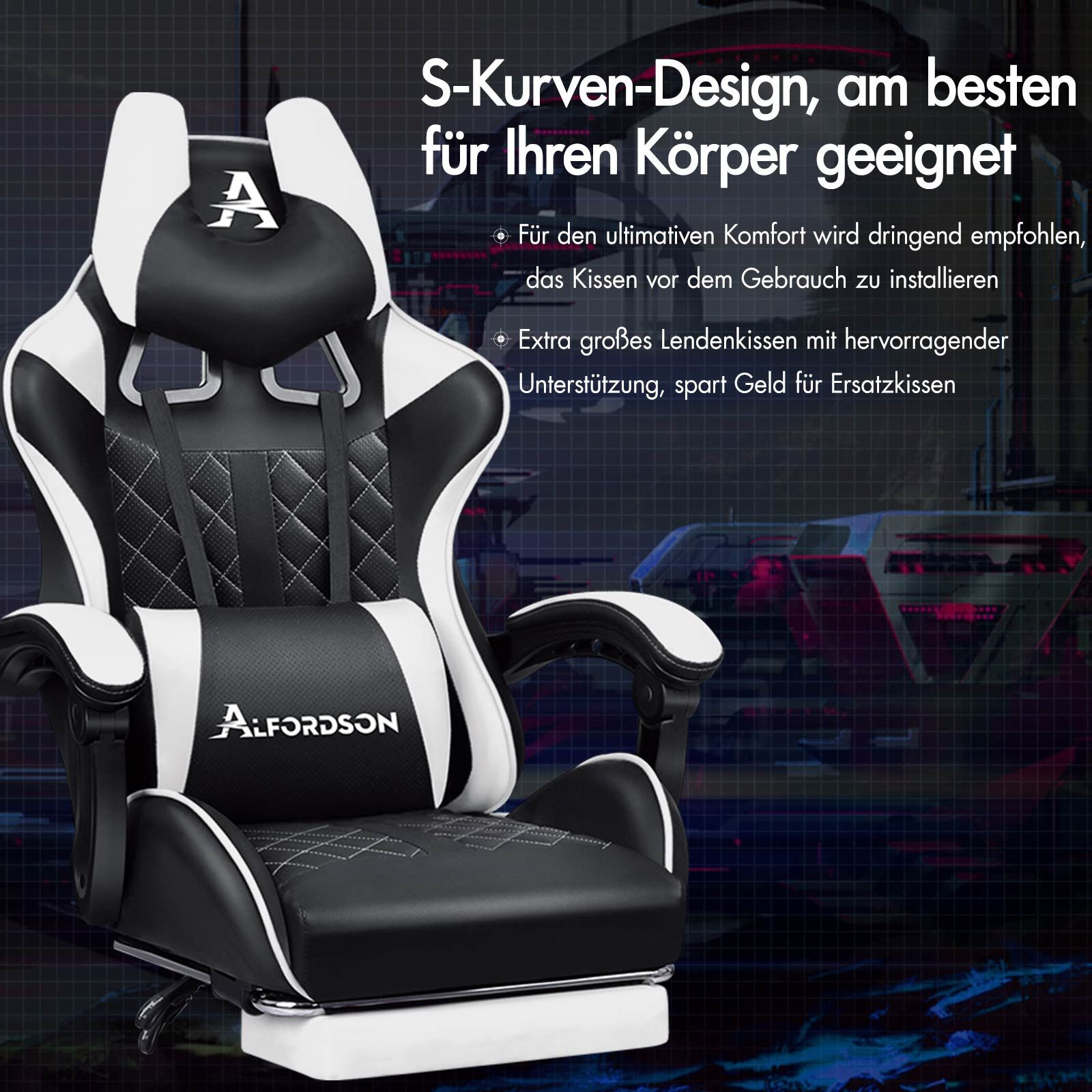 Ein schwarz-weißer Gaming-Stuhl mit dem Text "Alfordson" auf dem Kissen und Text auf Deutsch.