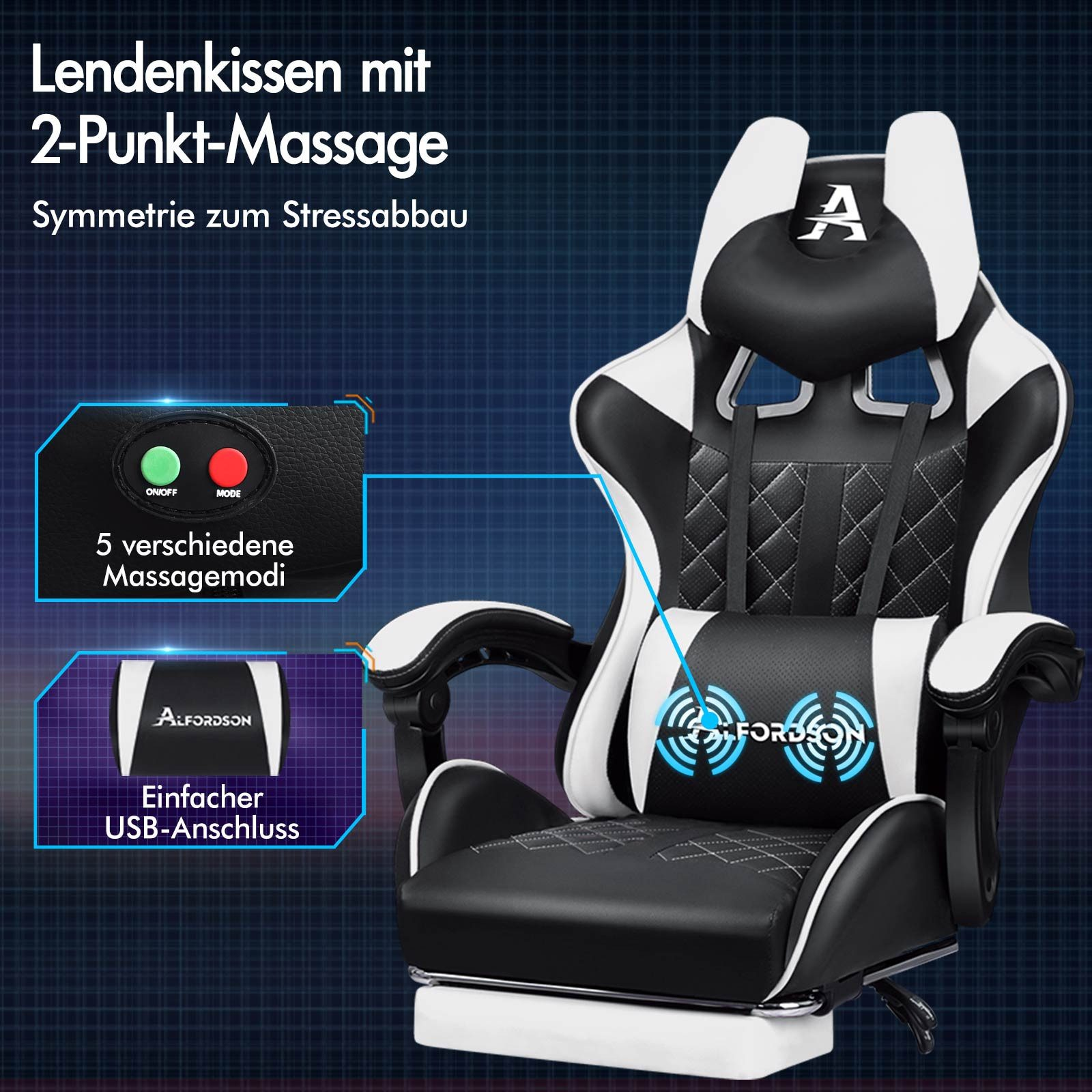 Gaming-Stuhl mit Lendenwirbelstütze. Schwarz, Weiß und Grau. Merkmale Massage, USB-Anschluss und Ein-/Aus-Tasten.