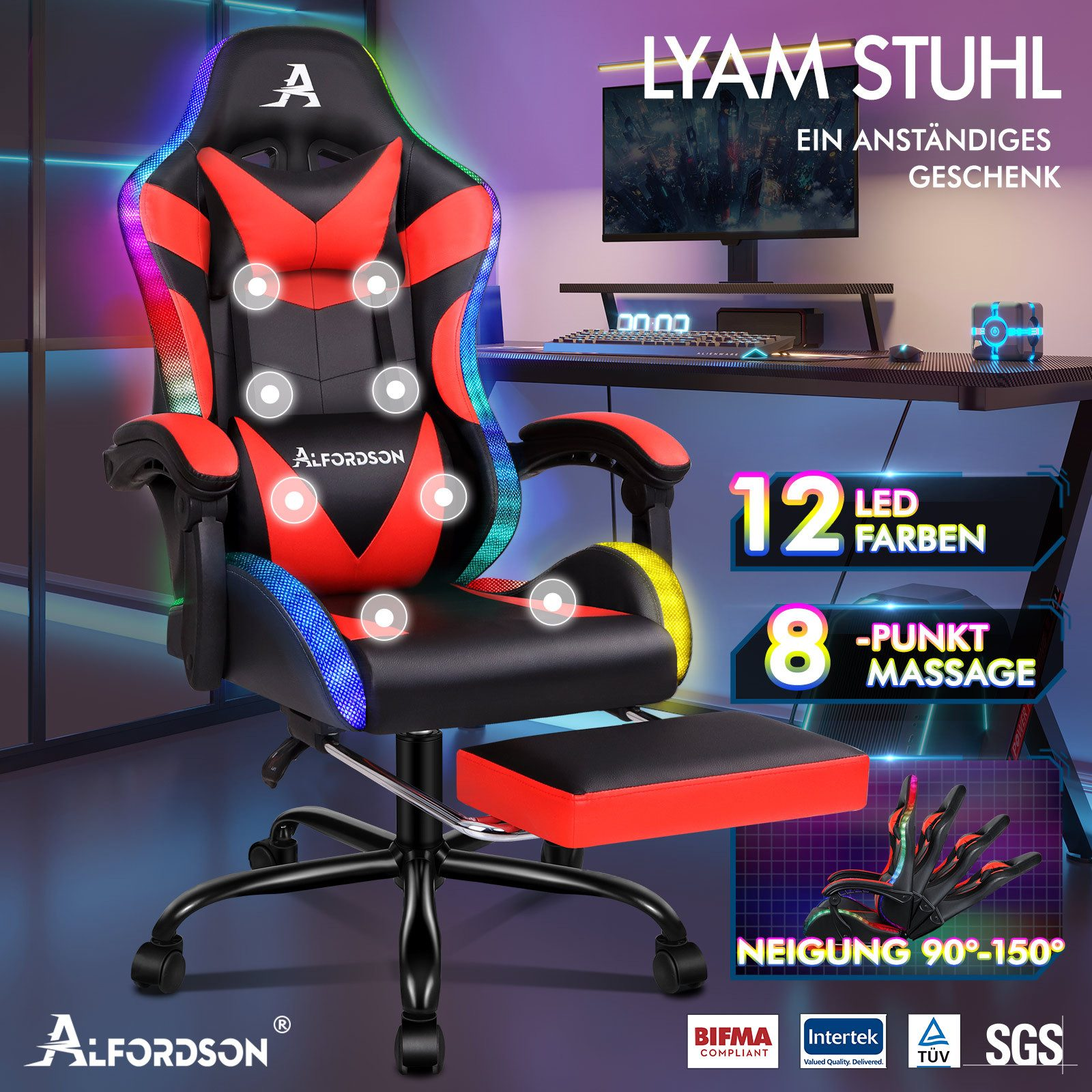 Ein Gaming-Stuhl mit LED-Leuchten, Fußstütze und Massagefunktion. Er hat ein schwarzes und rotes Design mit dem Markennamen Alfordson.