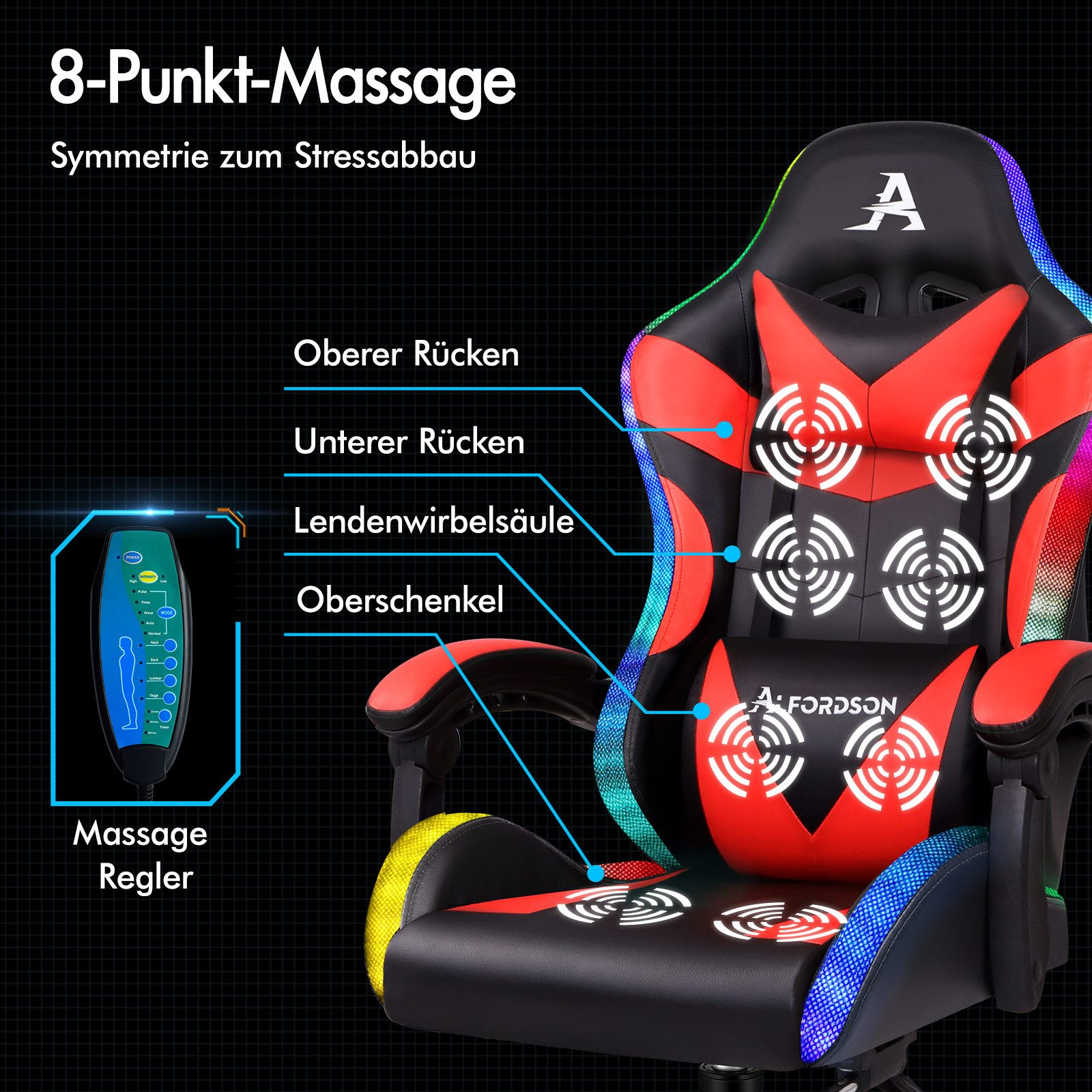 Ein Gaming-Stuhl mit Massagepunkten wird angezeigt. Es hat rote und schwarze Akzente und ein Bedienfeld.