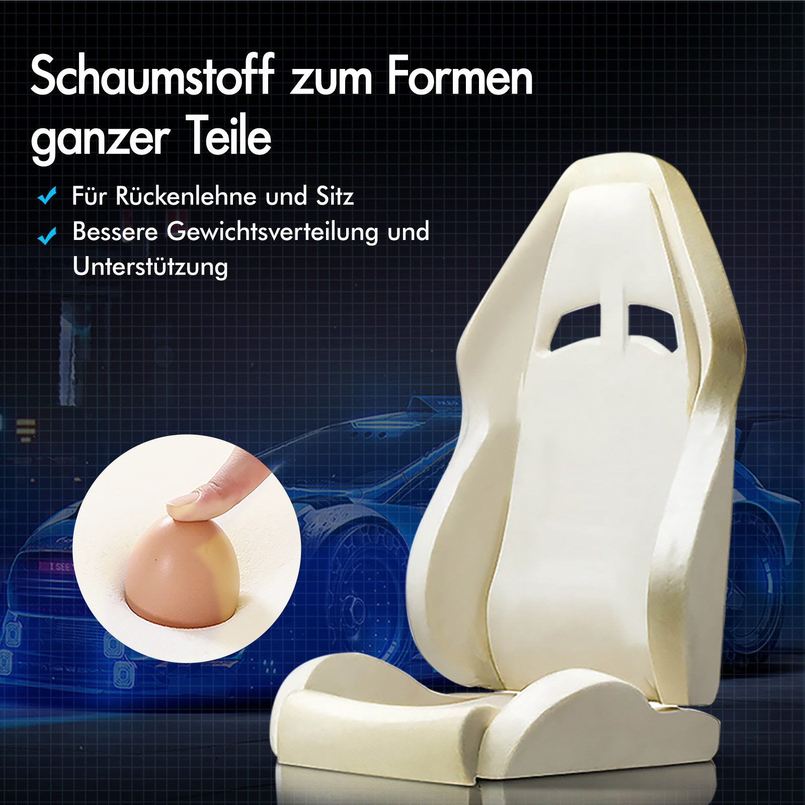 Gezeigt wird ein weißer Schaumstoffsitz. Eine Hand drückt auf das Schaummaterial, Text beschreibt die Verwendung.