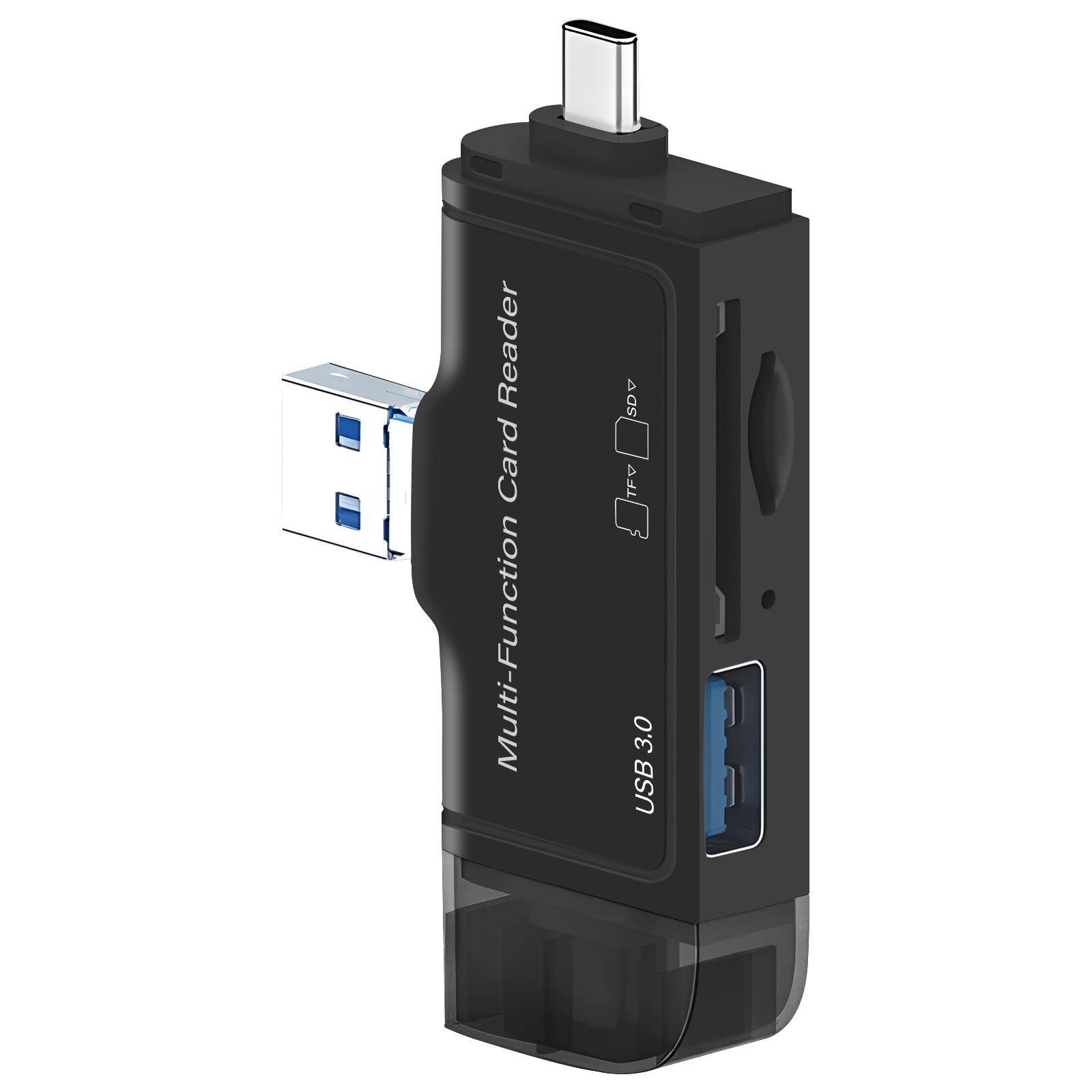 Lector de tarjetas multifunción negro con conectores USB y USB-C. Tiene ranuras para tarjetas TF y SD.