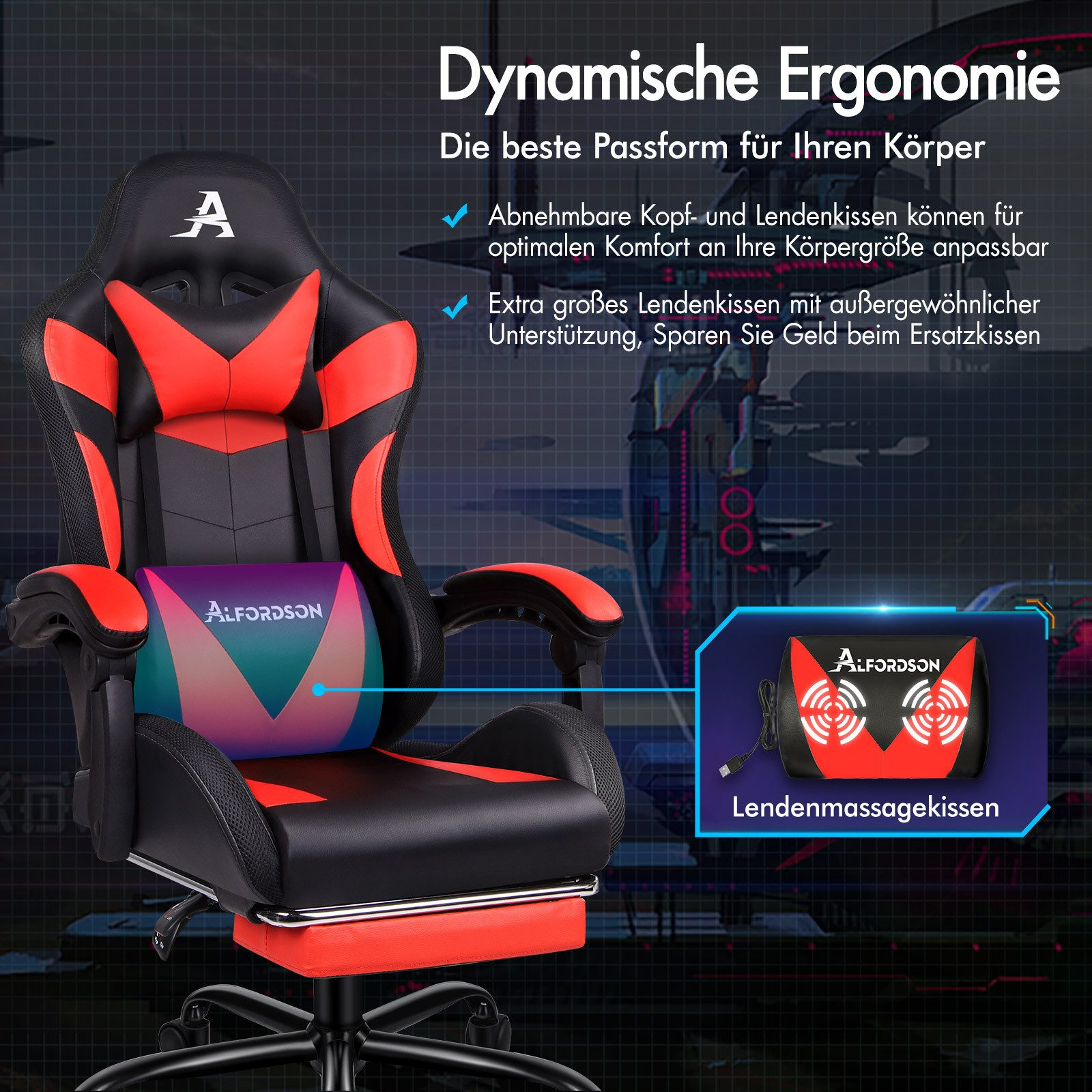 Gaming-Stuhl mit rotem und schwarzem Design, Kopfstütze und Lendenwirbelstütze. Inklusive Massagekissen und Fußstütze.