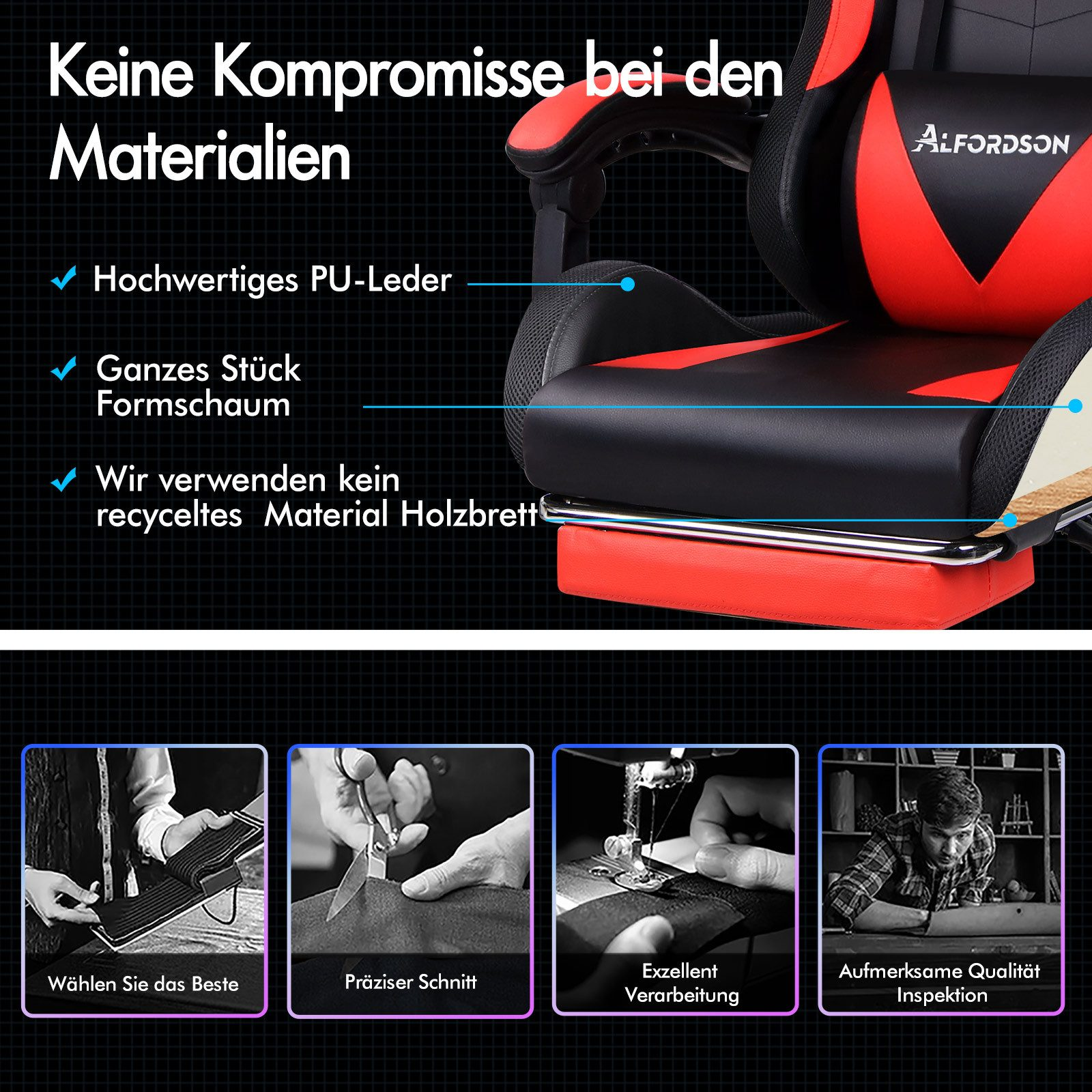 Gaming-Stuhl mit rotem und schwarzem Design. Text in Deutsch hebt Materialien hervor: PU-Leder, Schaumstoff und kein recyceltes Holz.