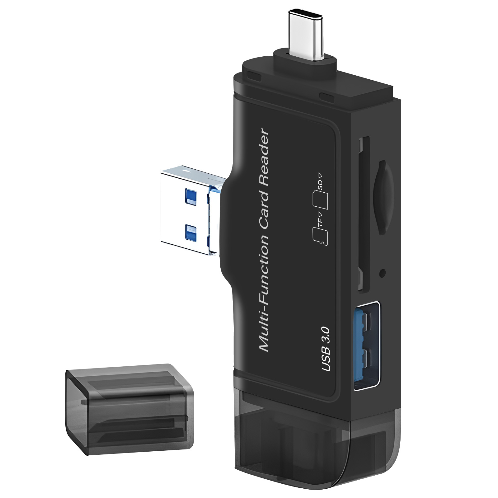 Lector de tarjetas multifunción negro con ranuras USB y SD, un puerto USB-C y una tapa translúcida separada.