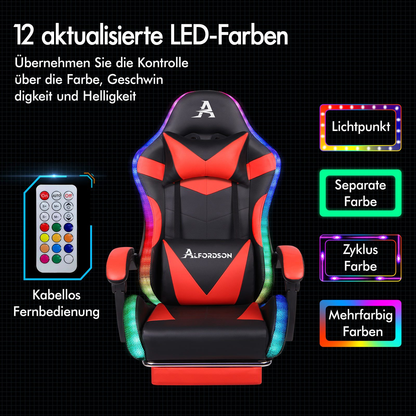 Gaming-Stuhl mit rot-schwarzem Design, LED-Leuchten und Fernbedienung. Merkmale umfassen verschiedene Farbmodi.