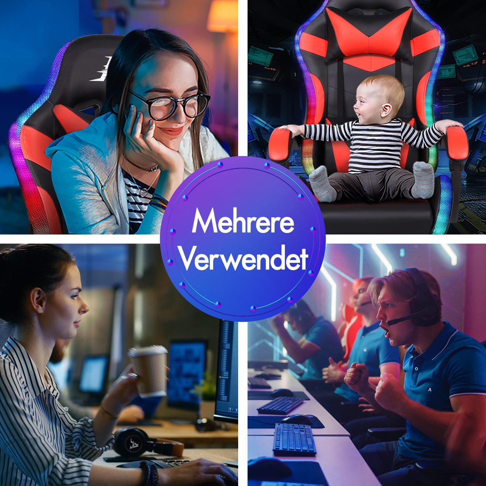 Collage von vier Bildern. Eine Frau in einem Gaming-Stuhl, ein Baby in einem Stuhl, eine Frau am Computer und Gamer bei einem Turnier.