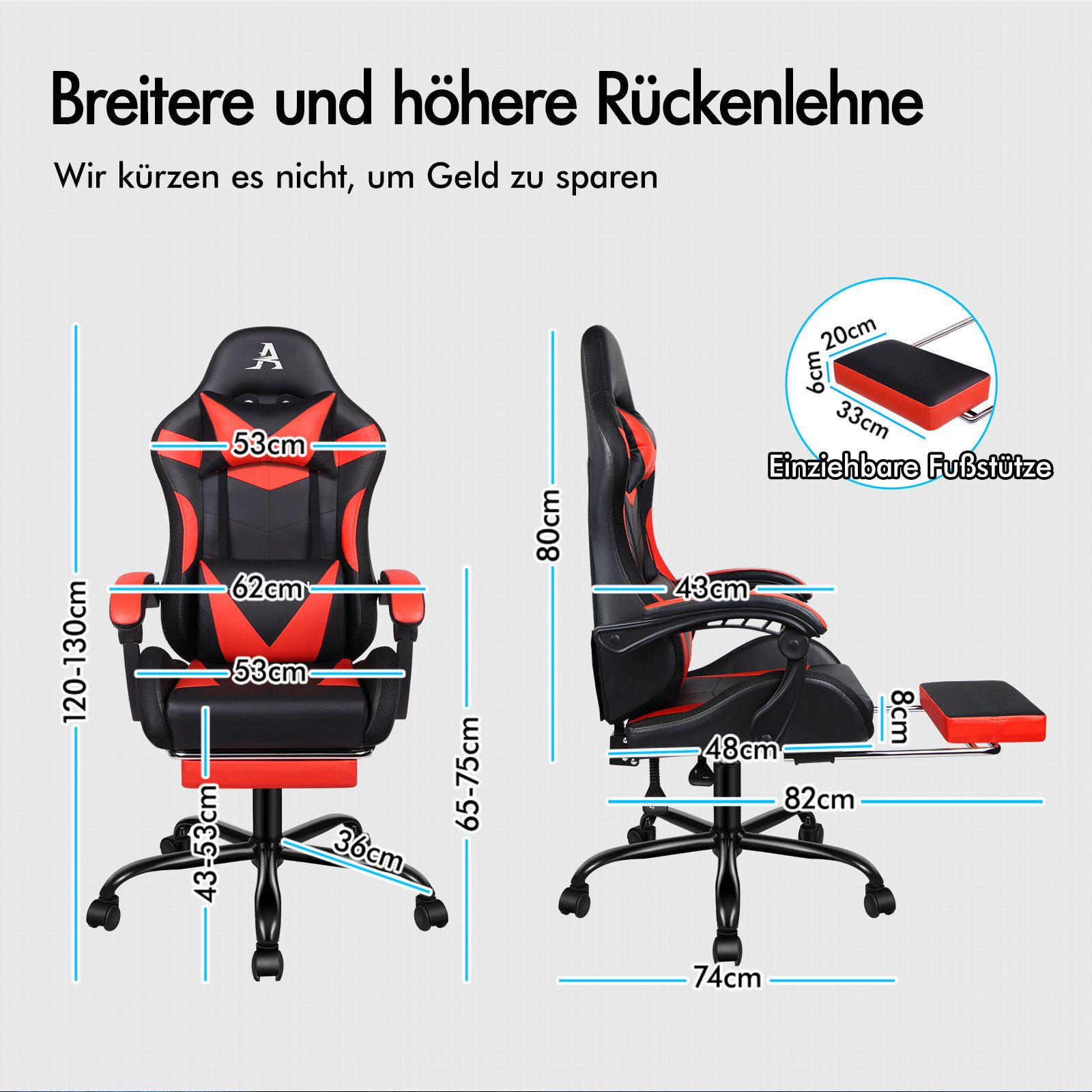 Gaming-Stuhl mit rotem und schwarzem Design. Abmessungen sind beschriftet. Inklusive Fußstütze. Text auf Deutsch ist ebenfalls vorhanden.
