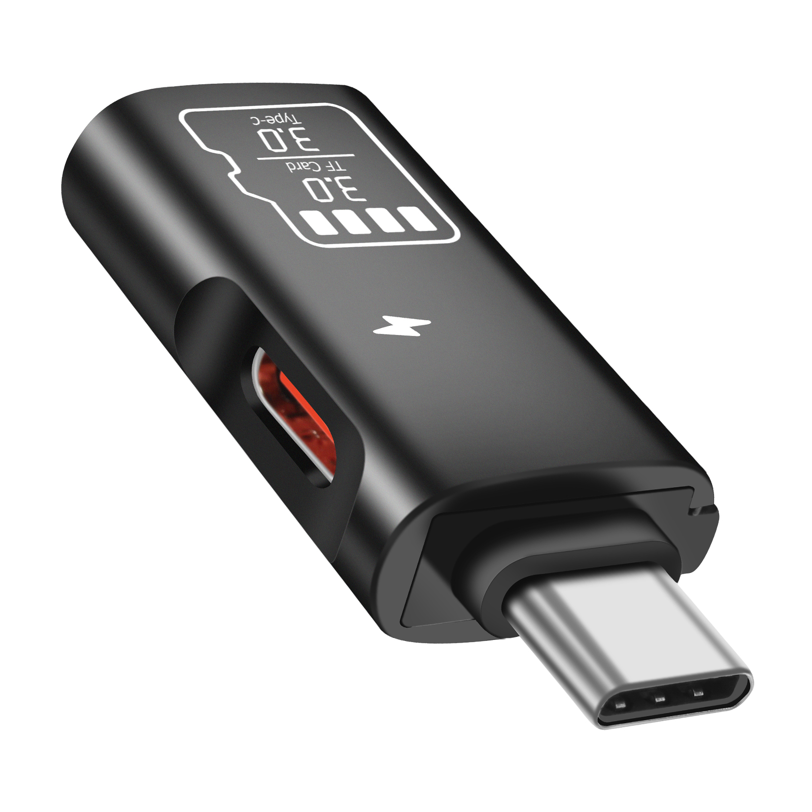 Un adaptador USB-C negro con ranura para tarjetas TF. Tiene texto blanco y un símbolo de rayo. Está sobre un fondo blanco.